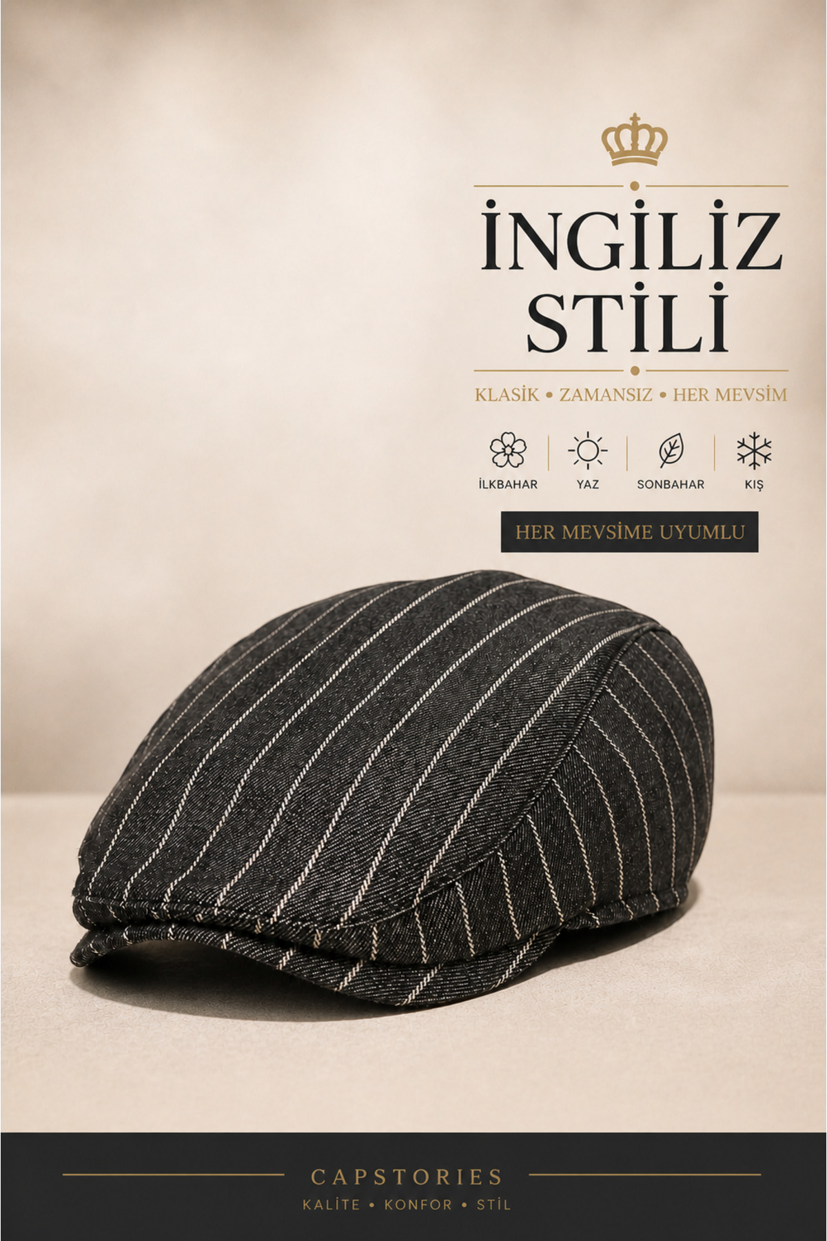 Capstories Erkek Kasket Şapka Çizgili Koyu Gri Her Mevsim Standart Beden Şapka (1.SINIF KUMAŞ)
