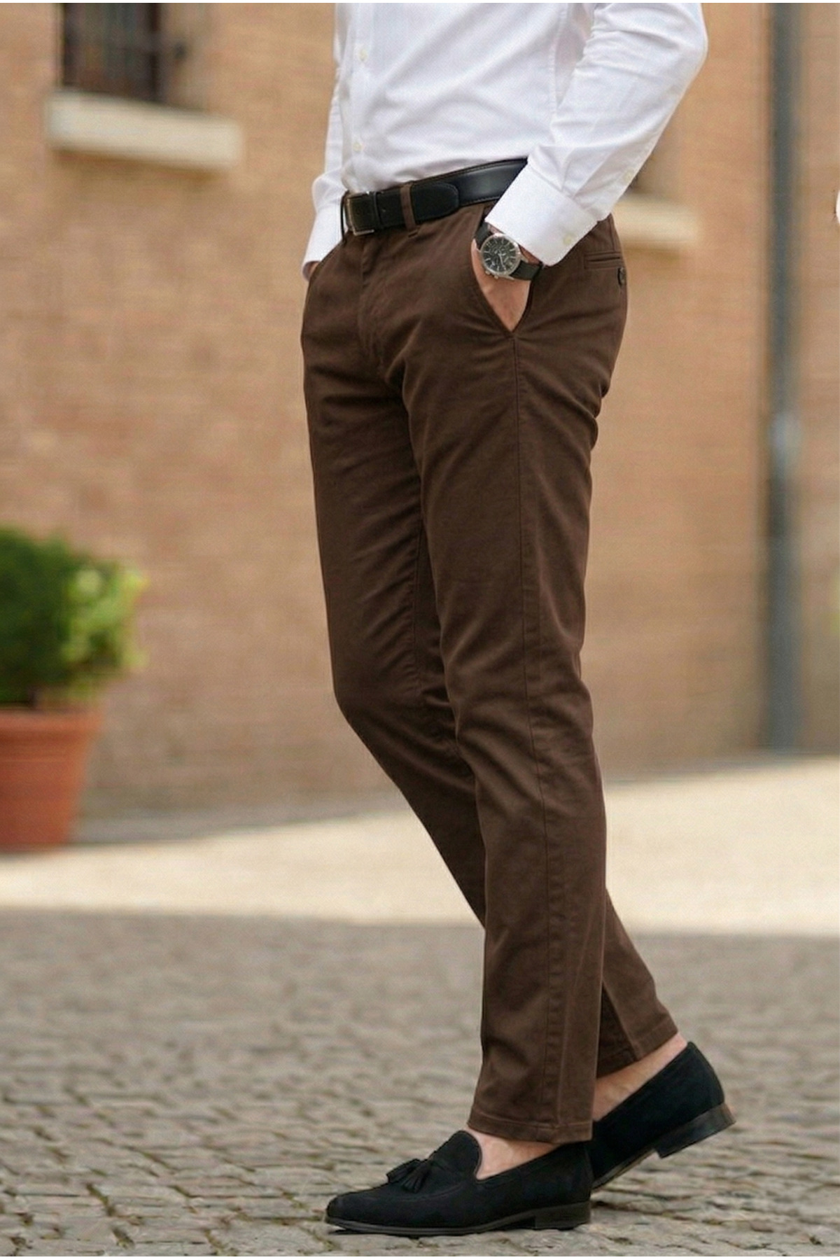 TheSeason Erkek Kahverengi Gabardin Pamuklu Slim Fit Esnek Ofis Stili Chino Pantolon görsel 2