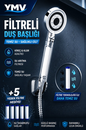 YMV Filtreli Kireç Arındırıcı Duş Başlığı | 5 Yedek Filtreli, Klor Azaltıcı, ...