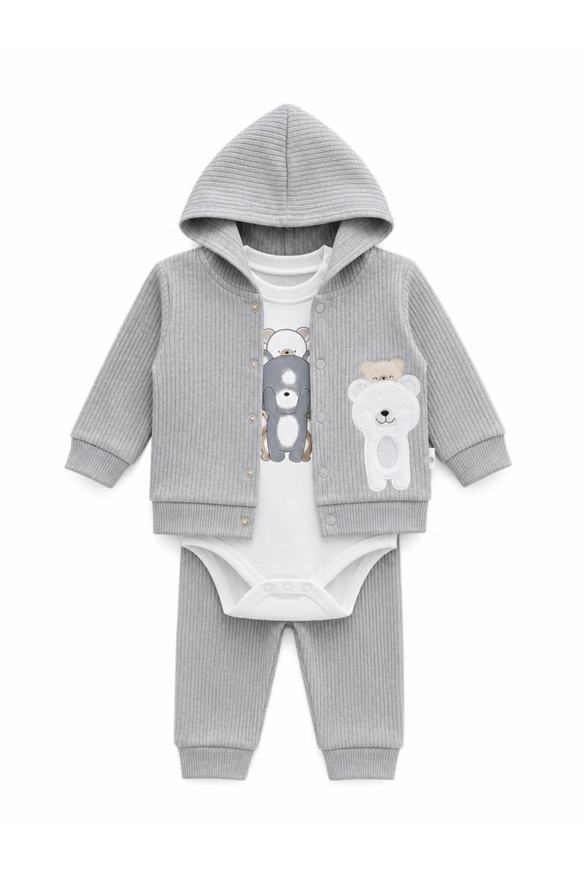 Lika&Nika Teddy Bear Printed 100% Cotton Hooded Cardigan, Bodysuit and Pants 3-Piece Set