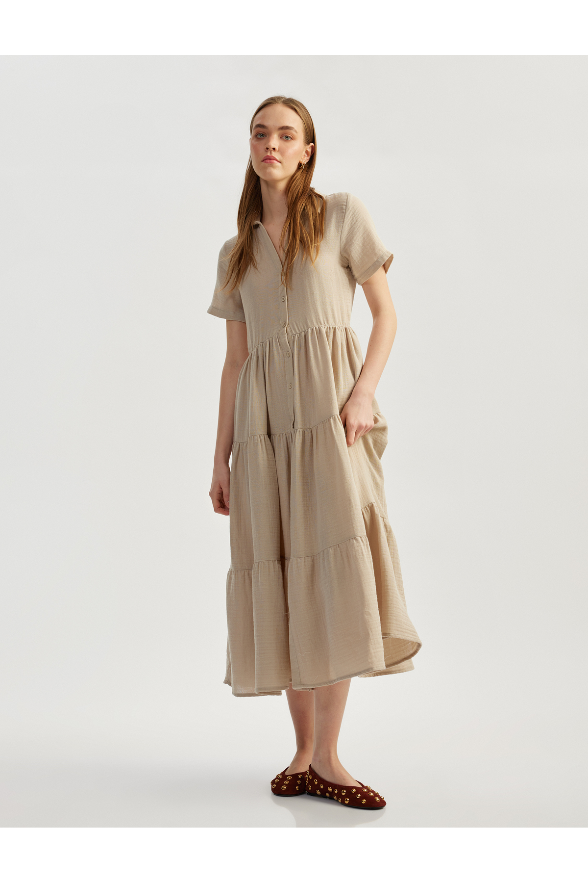 Koton Layered Flounce Short Sleeve Button Long Shirt Dress