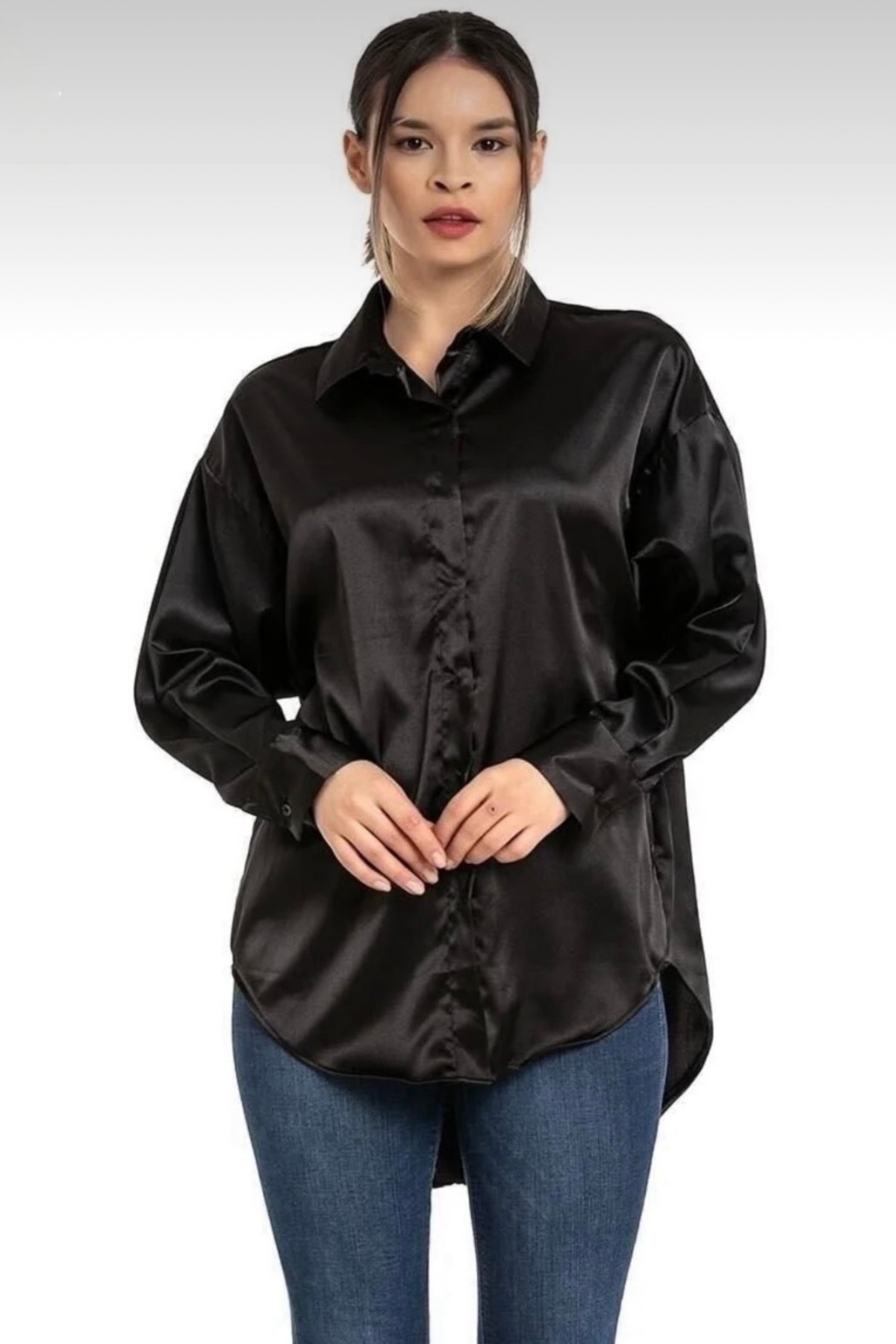Chemise coupe loose en satin noir - EMMAS CLOTHING - Görsel 6