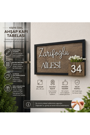 HippoDeco Kişiye Özel Ahşap Çerçeveli Aile İsmi ve Kapı Numarası Tabelası – D...