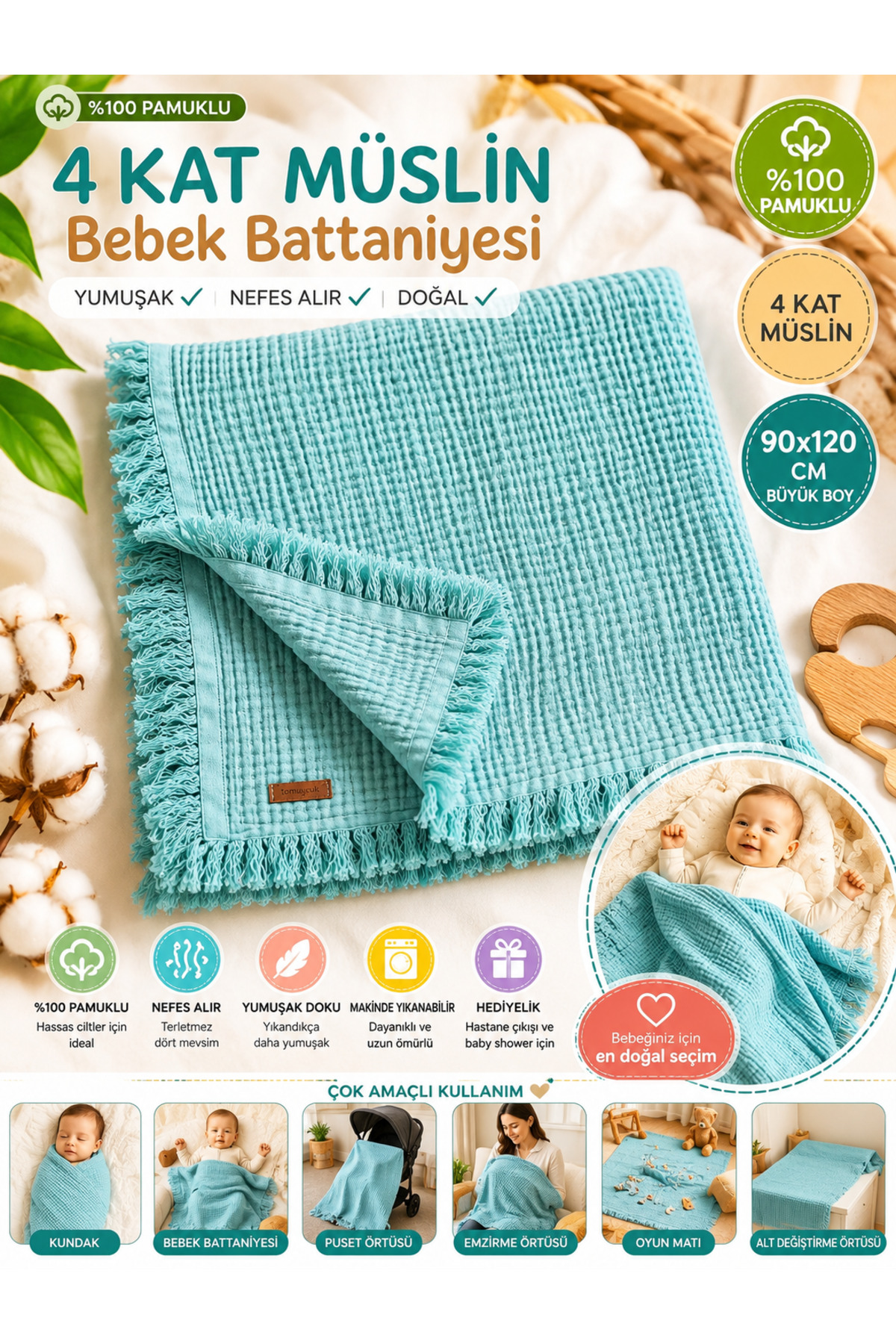 100% Cotton 4 Ply Muslin Mint Green Baby Blanket 90x120 Cm - Seasonal Baby Blanket - Oscar