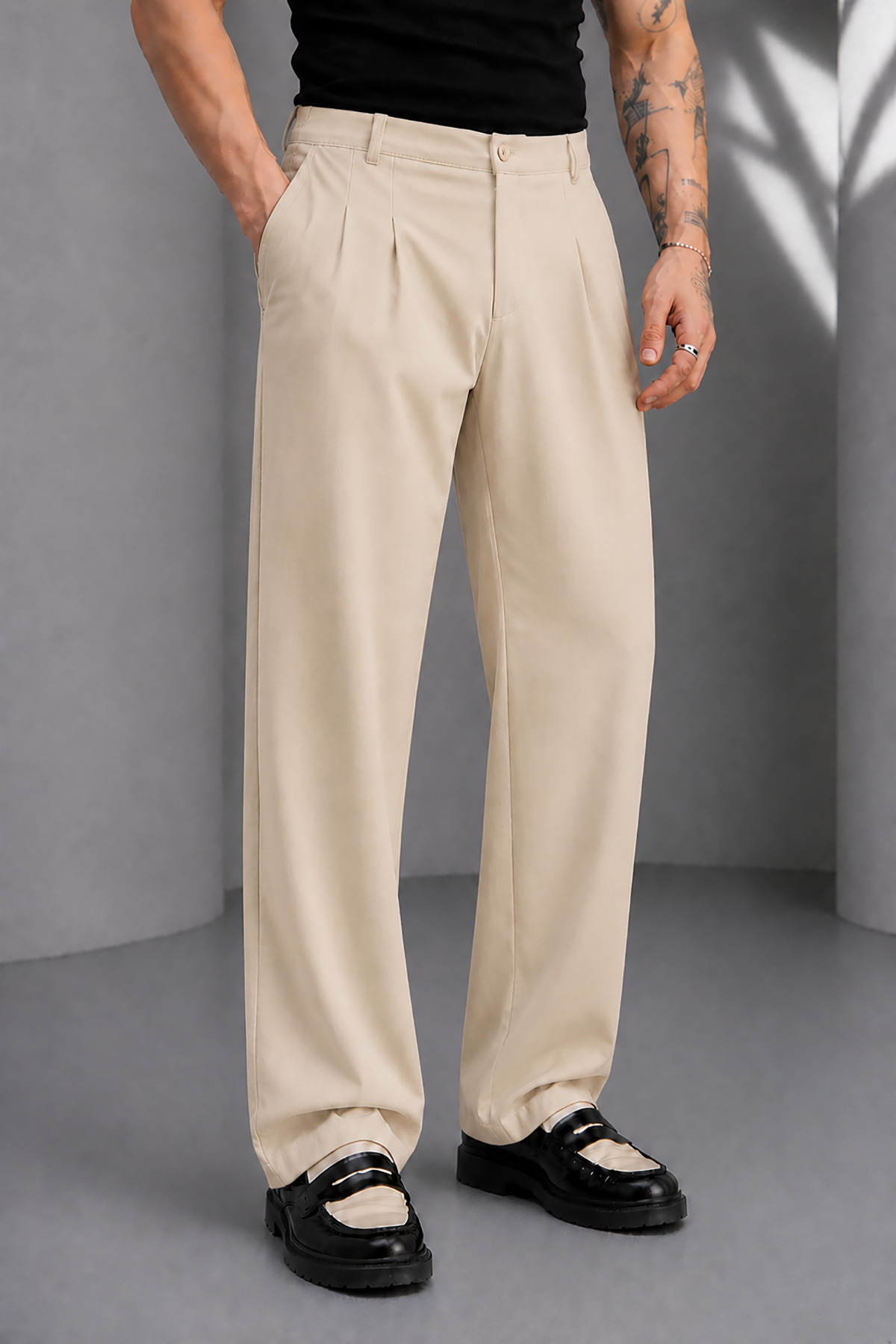 Men's Cream ZRA Model Pleated Wide Leg Fabric Pants Oversized Comfortable Cut