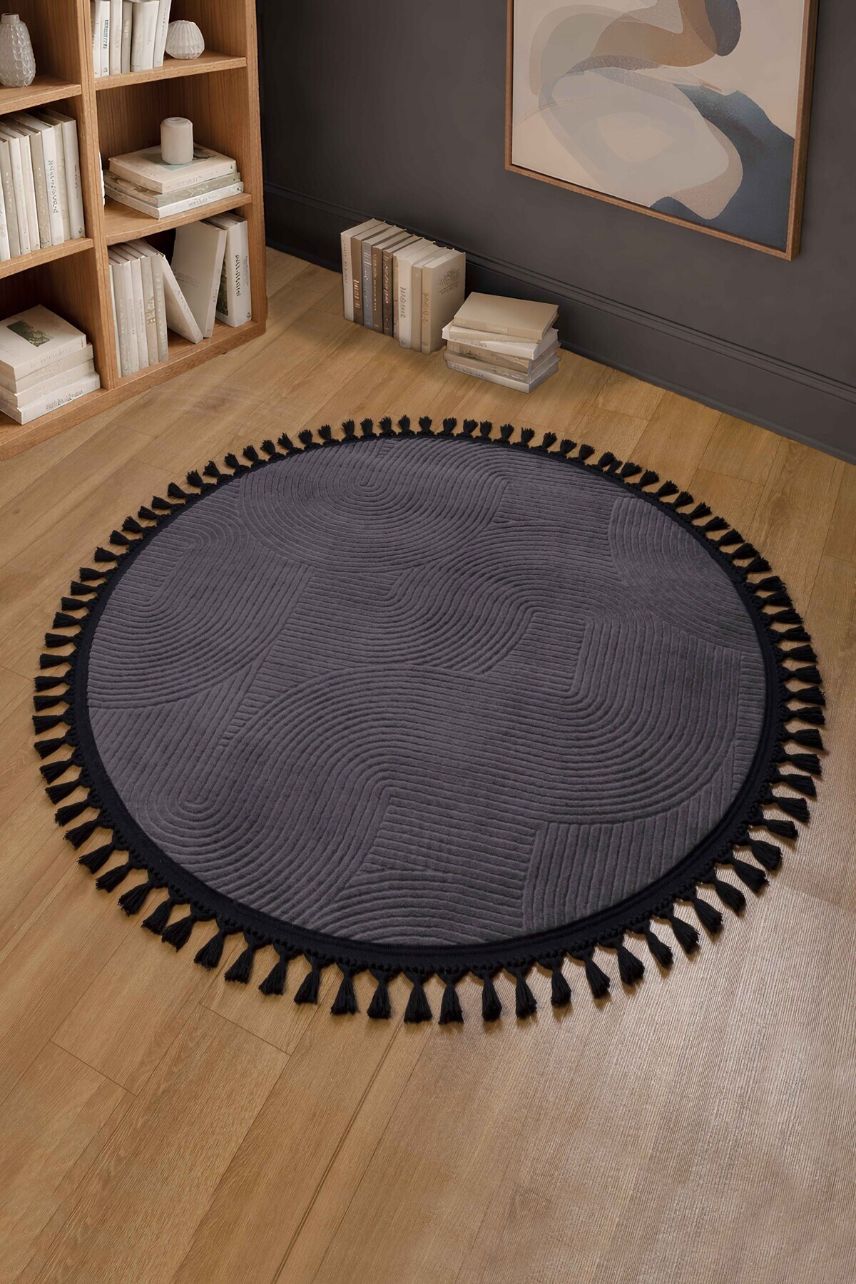 Merino Relief Joy Circle Anthracite Anti-Slip Base Cutting Carpet Pompom