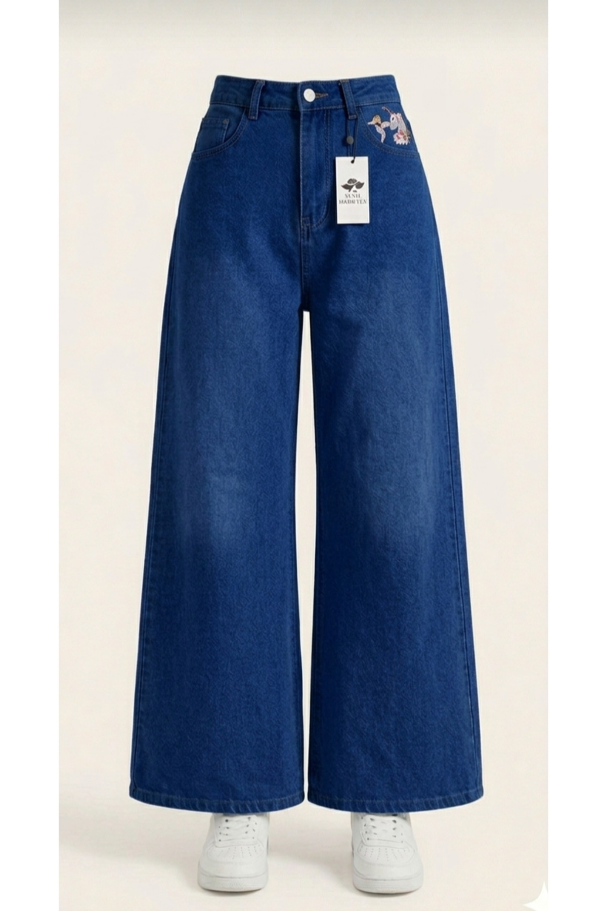 Semesia Sakura Çiçeği Nakışlı Wideleg Retro Jeans görsel 2