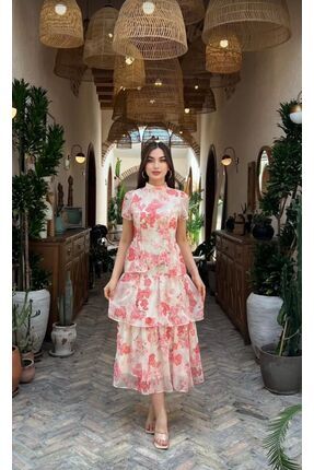 Moda Banuş Pembe Sakura Çiçeği Desenli Elbise