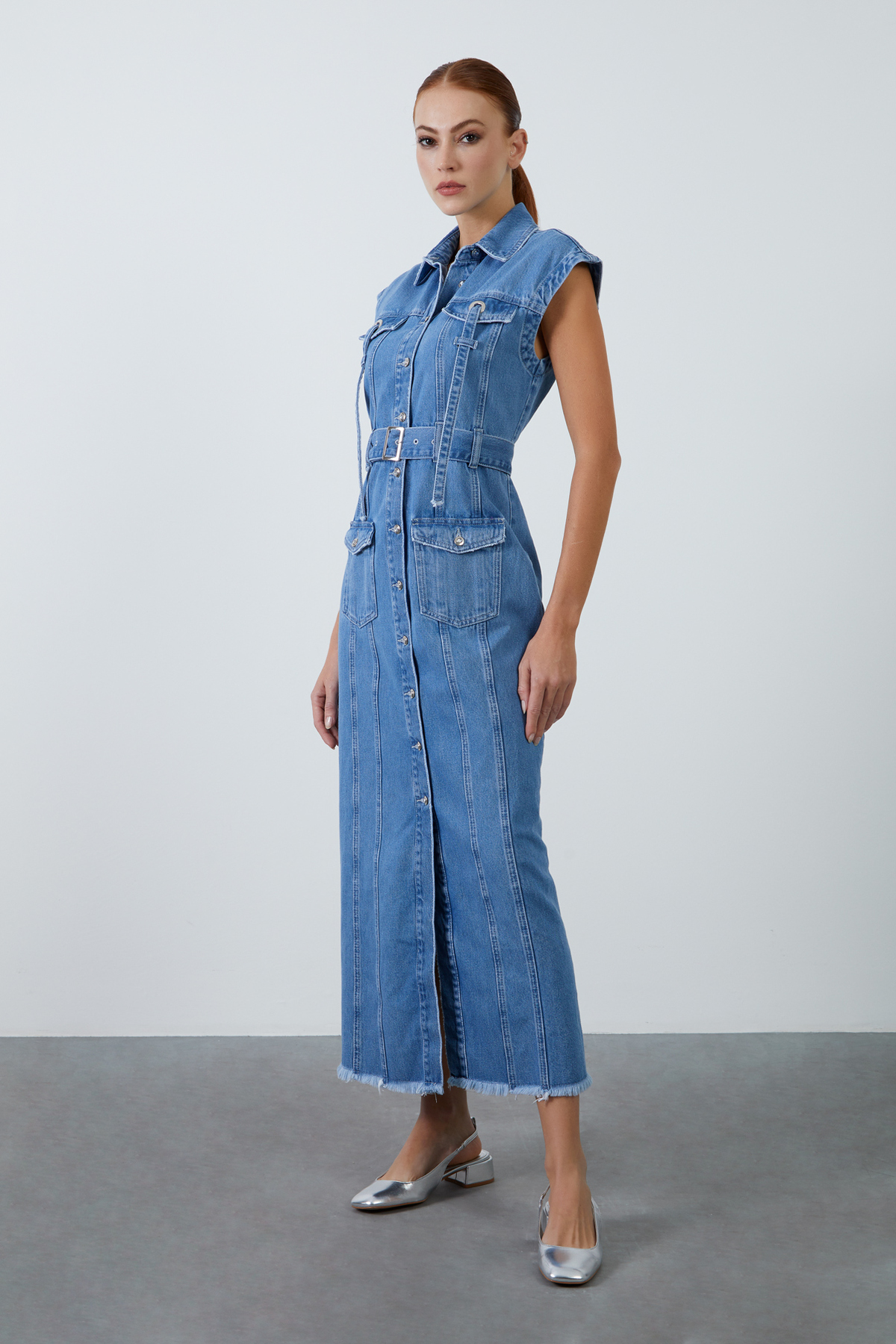 Blue Jean Dress with Metal Buckle Belt and Sleeveless Pockets