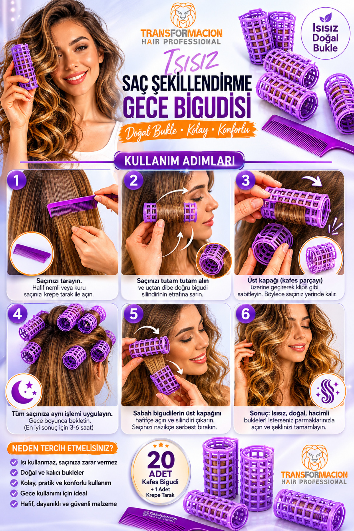 Transformacion Kafes Gece Bigudisi Isısız Saç Şekillendirme Doğal Bukle Bigudisi 20 Adet 720025 görsel 3