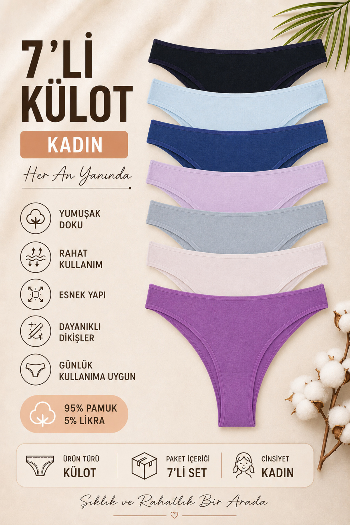 Nicoletta Kadın Külot 7'li Paket Likralı Brazillian INDIGO