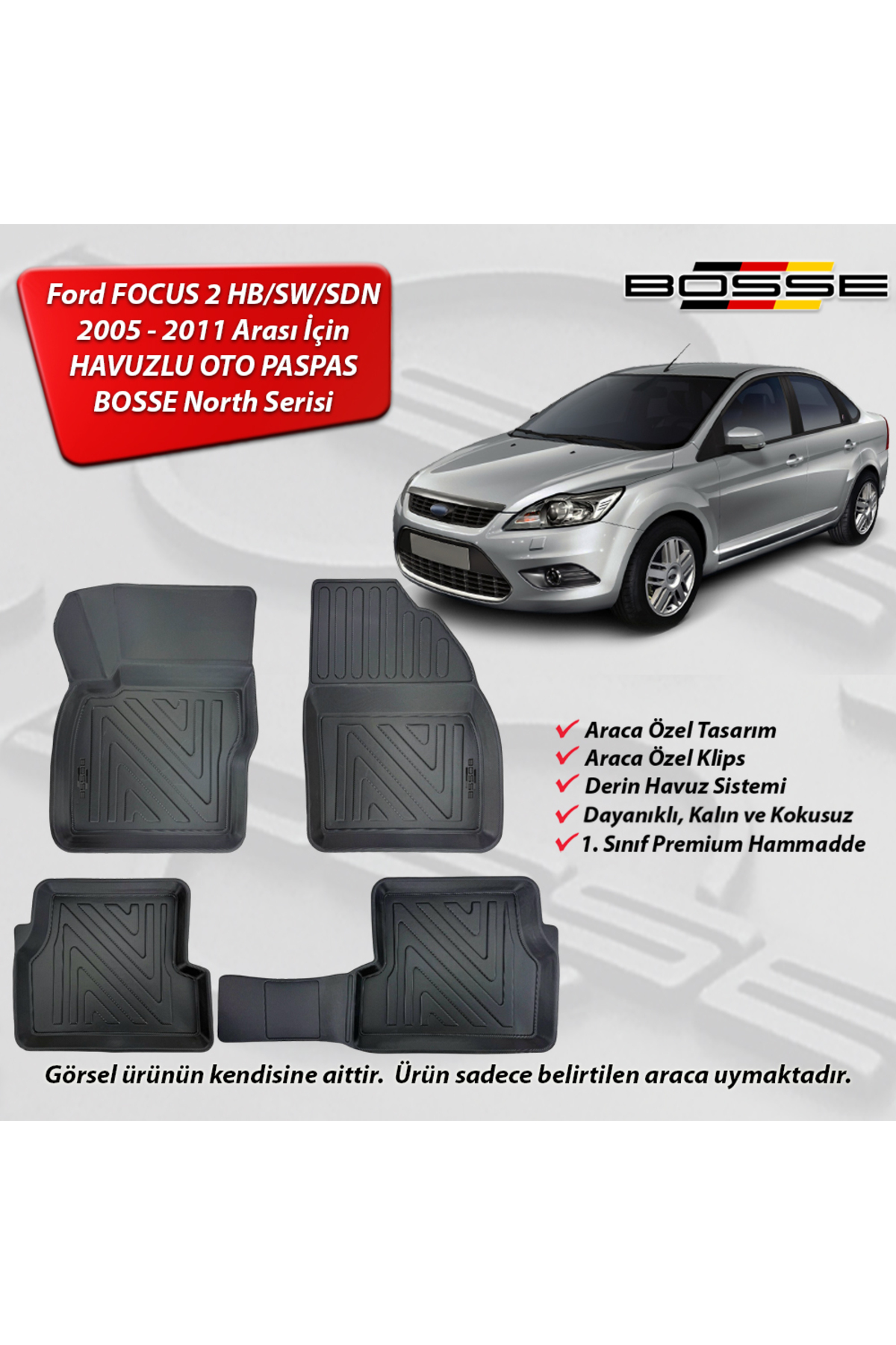 BOSSE Ford Focus 2 Paspas Araca Özel Sedan 2005 2010 Paspas 3D Havuzlu