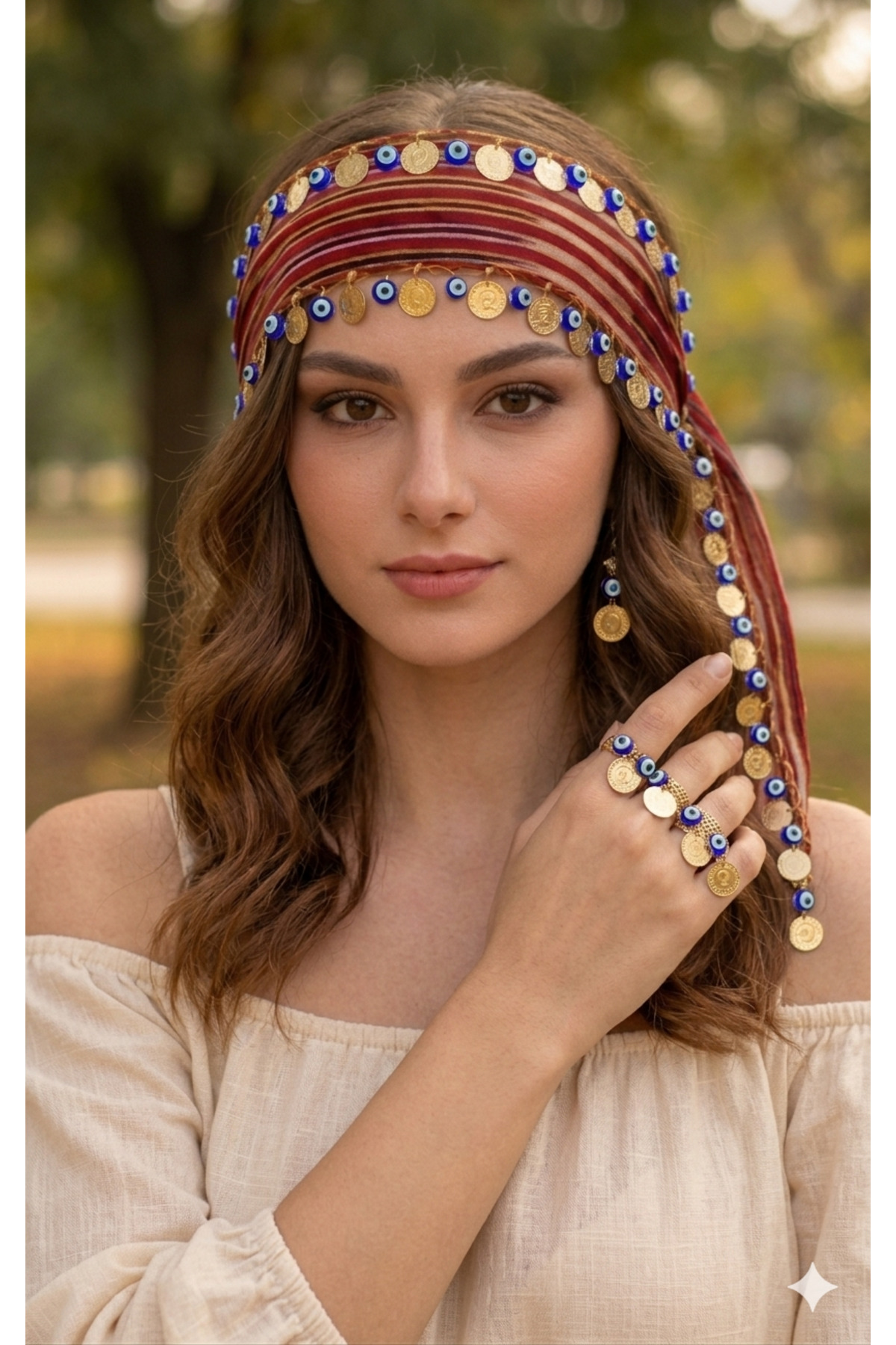 ASYA PAZARLAMA Karadeniz Bandana, Dolu Nazar Boncuklu Ve Liralı Keşan, Fular, Şal, Saç Bandı, Bandana, Puşi görsel 2