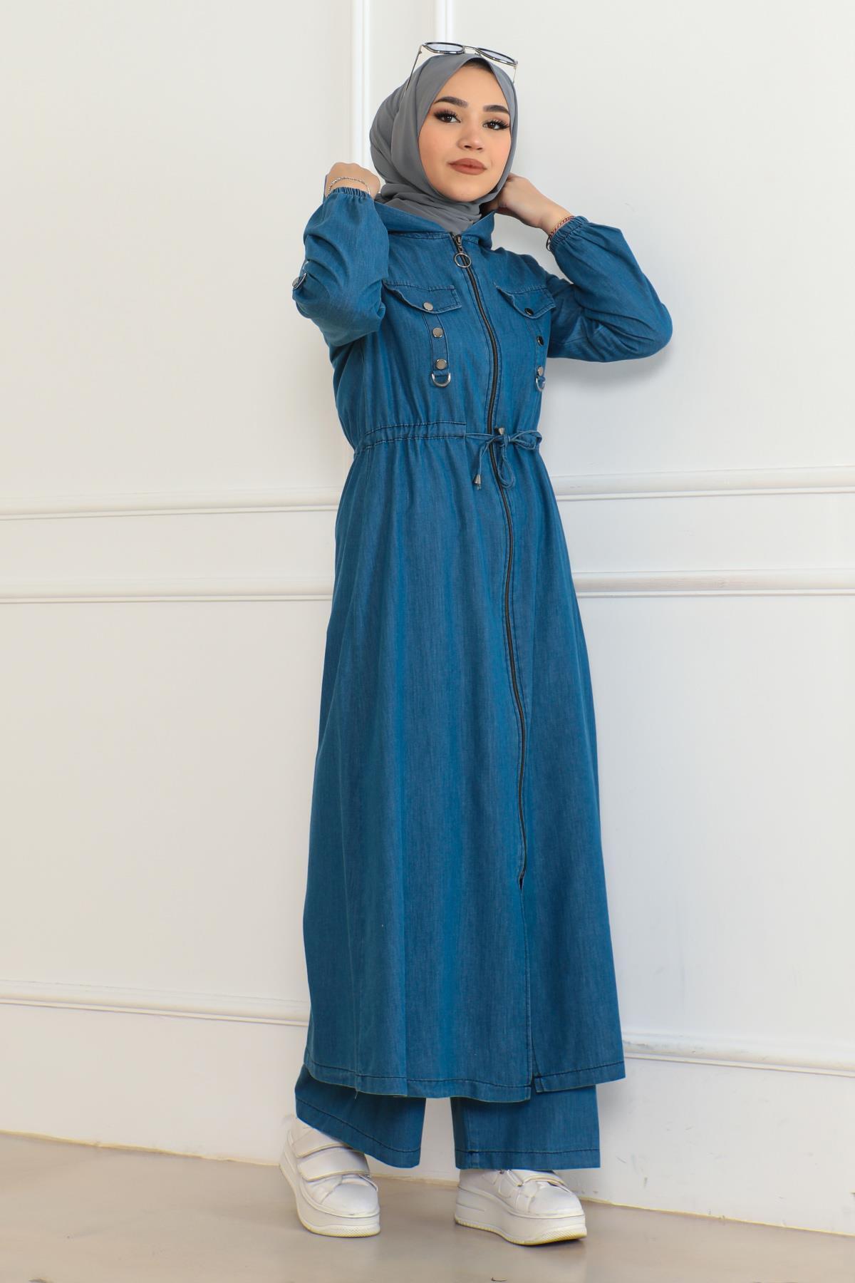 Missvalle Hooded Waist Lace-Up Denim Suit Light Blue 19235