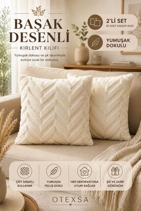 OTEXSA Başak Desenli Krem Kırlent Kılıfı 2'li Set Yumuşak Dokulu Dekoratif Ya...