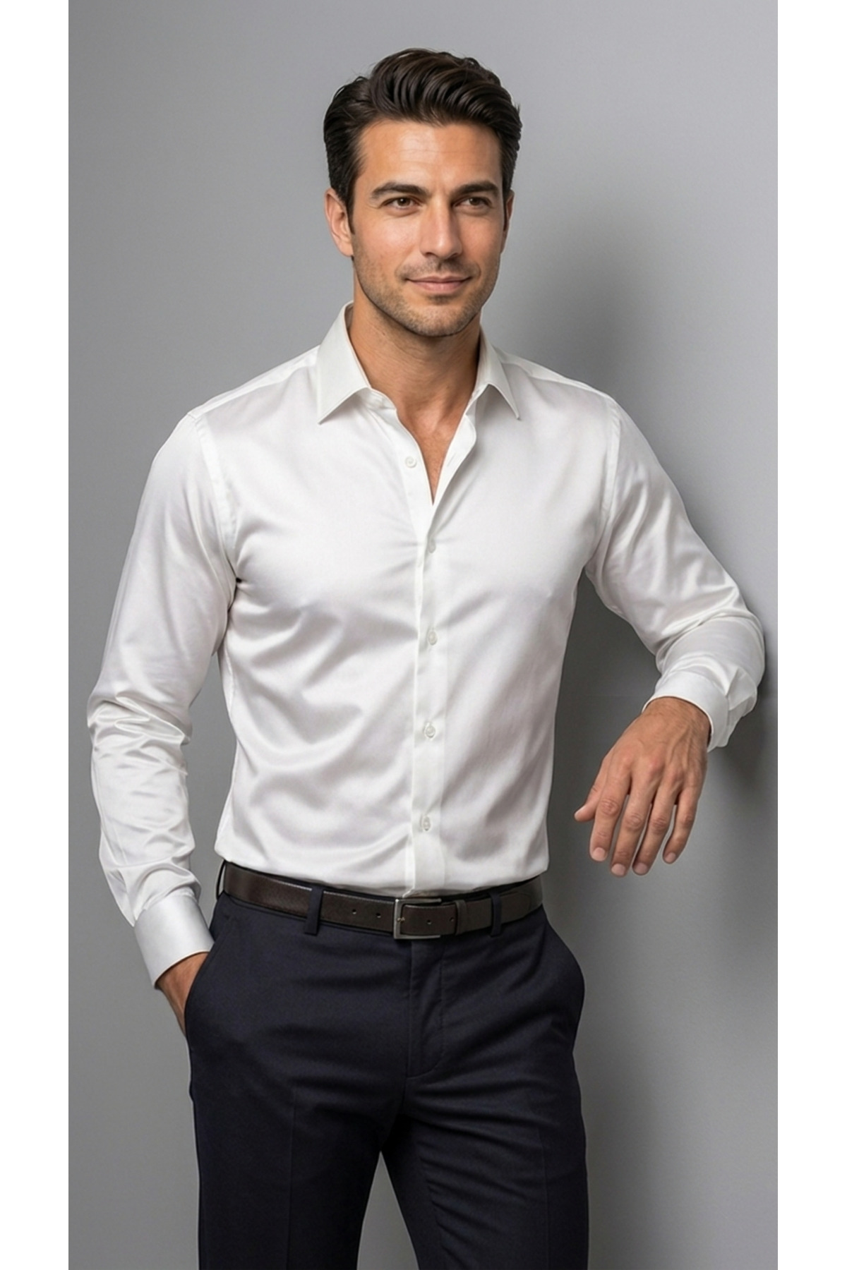 viyamen Erkek Slim Fit Klasik Saten Gömlek Uzun Kollu Modern Kesim görsel 2