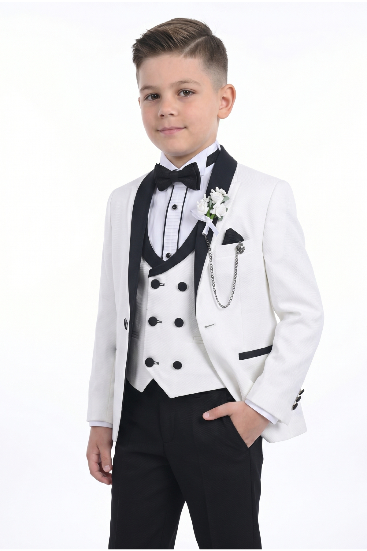 ceocuk Black Boy's Suit with Collar Jacket and Double Breasted Vest