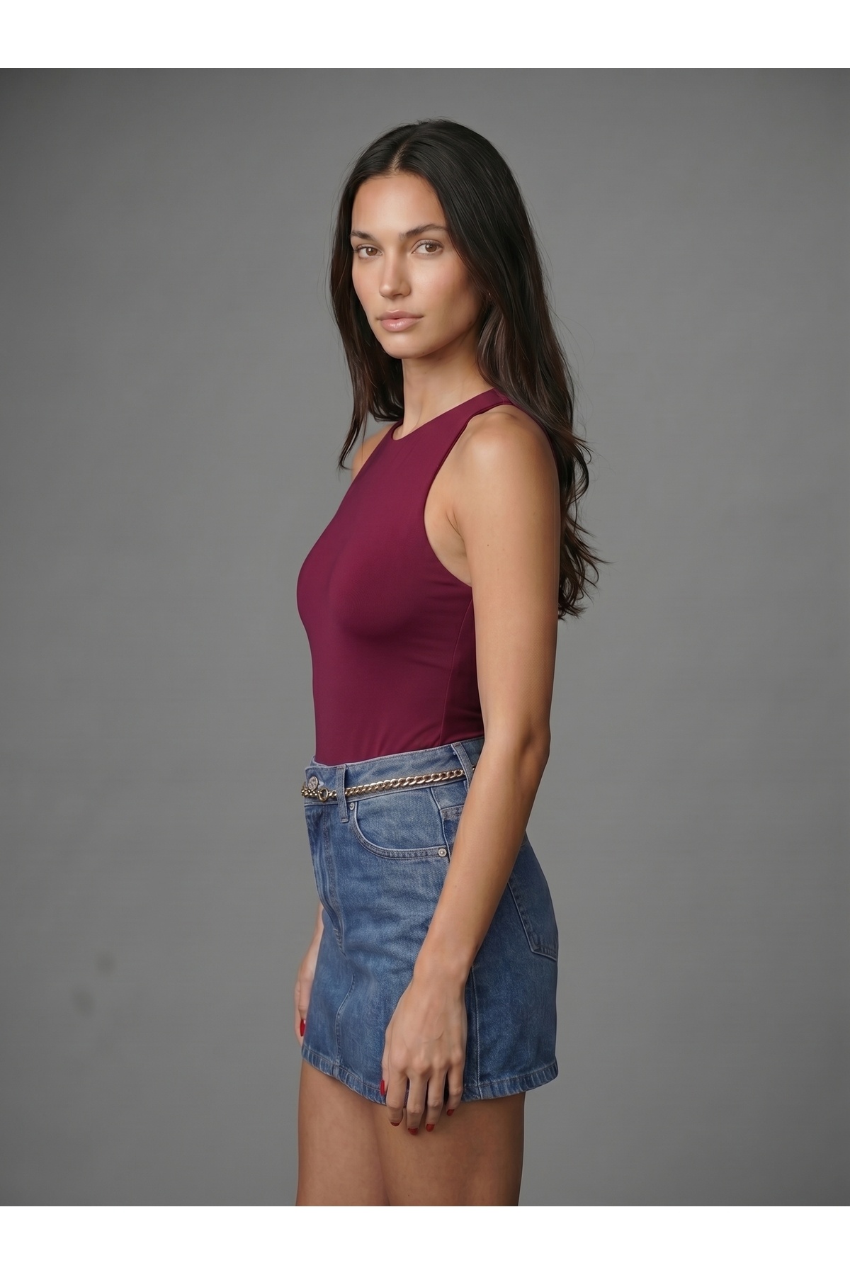 Kadın Bordo Halter Yaka Slim Fit Likralı Bodysuit Günlük Şık Çıtçıtlı Body 2