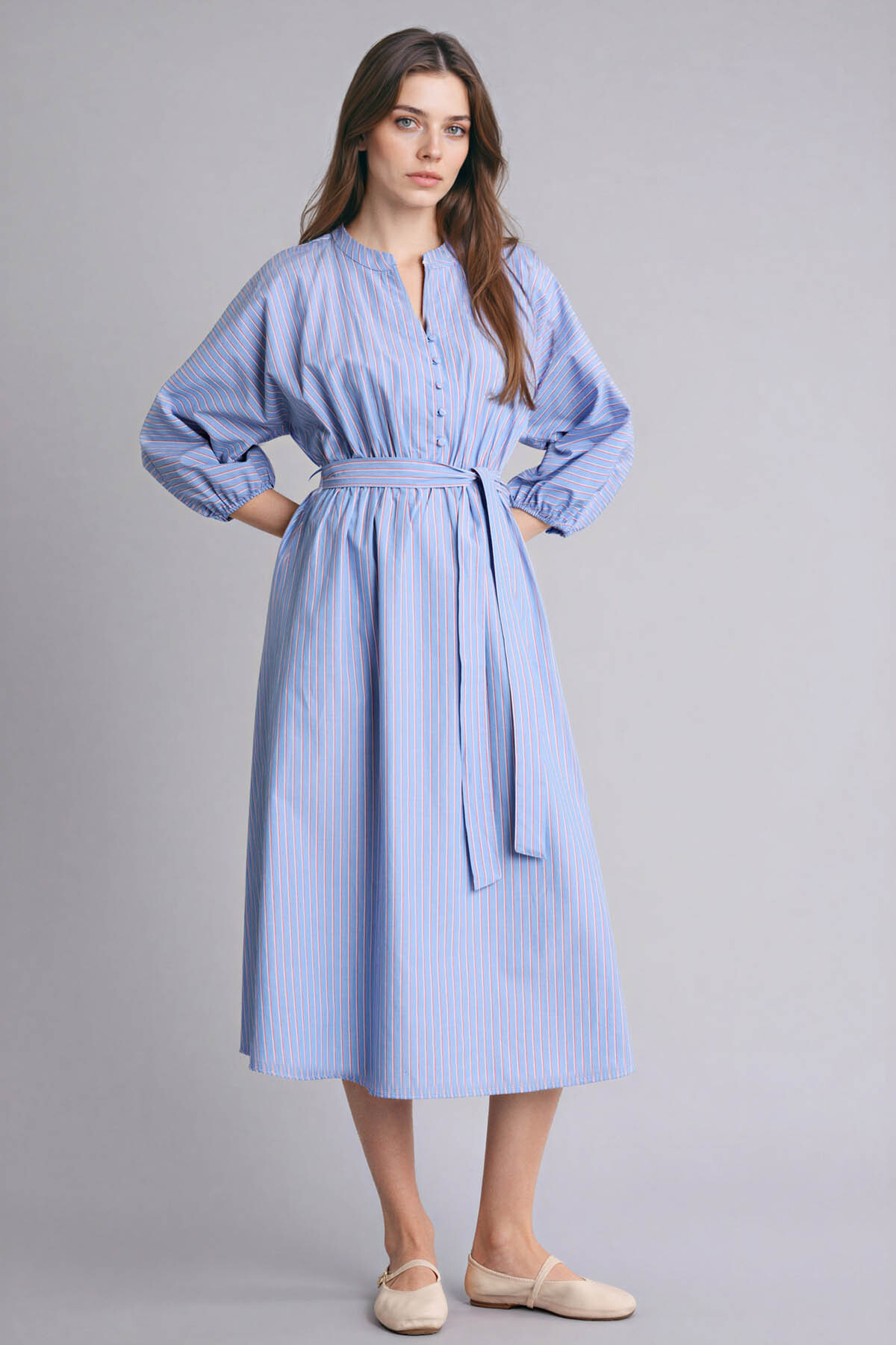 Defacto 100% Cotton Crochet Collar Blue Poplin Striped Midi Dress H0110Ax26Sp