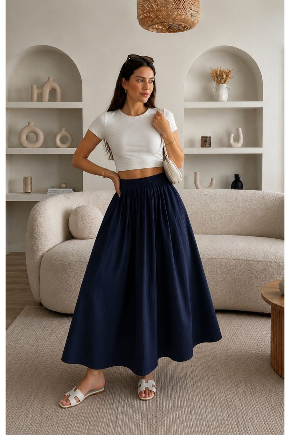 Gülmude  Çift Cepli Poplin Kumaş Beli Lastikli İç Göstermez Maxi Etek (90 CM) - Görsel 8