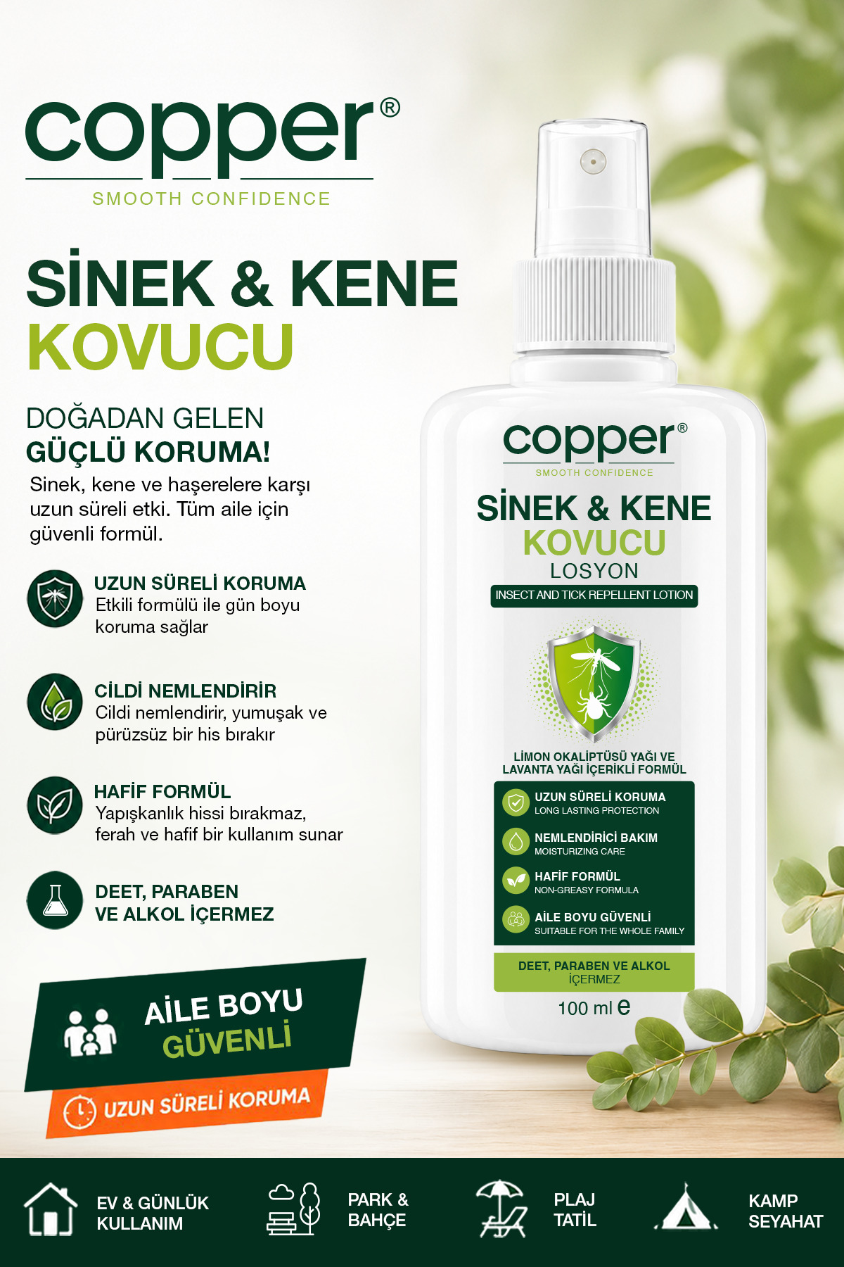 COPPER Sivrisinek ve Kene Kovucu %100 Doğal Sprey Losyon Bitkisel Tüm Vücut İ...