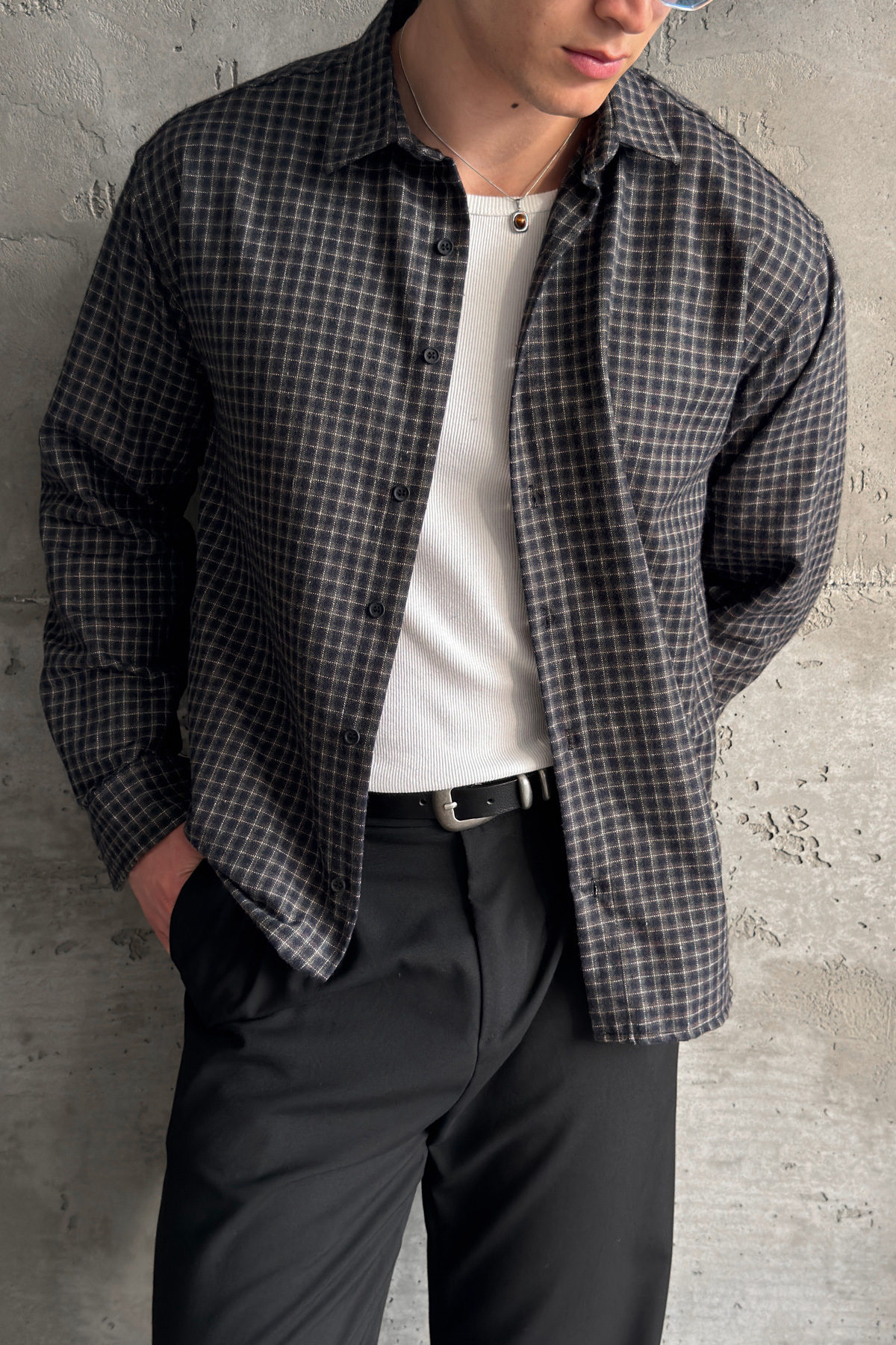 Erkek Oversize %100 Pamuk Ekose Gömlek — رنگارنگ HY26KE03016 — تصویر 5 از 8