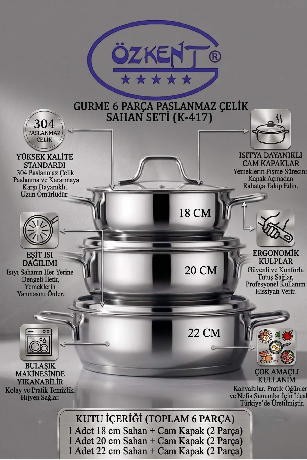 Özkent Gurme 3'lü Paslanmaz Çelik Sahan Seti 6 Parça Cam Kapaklı