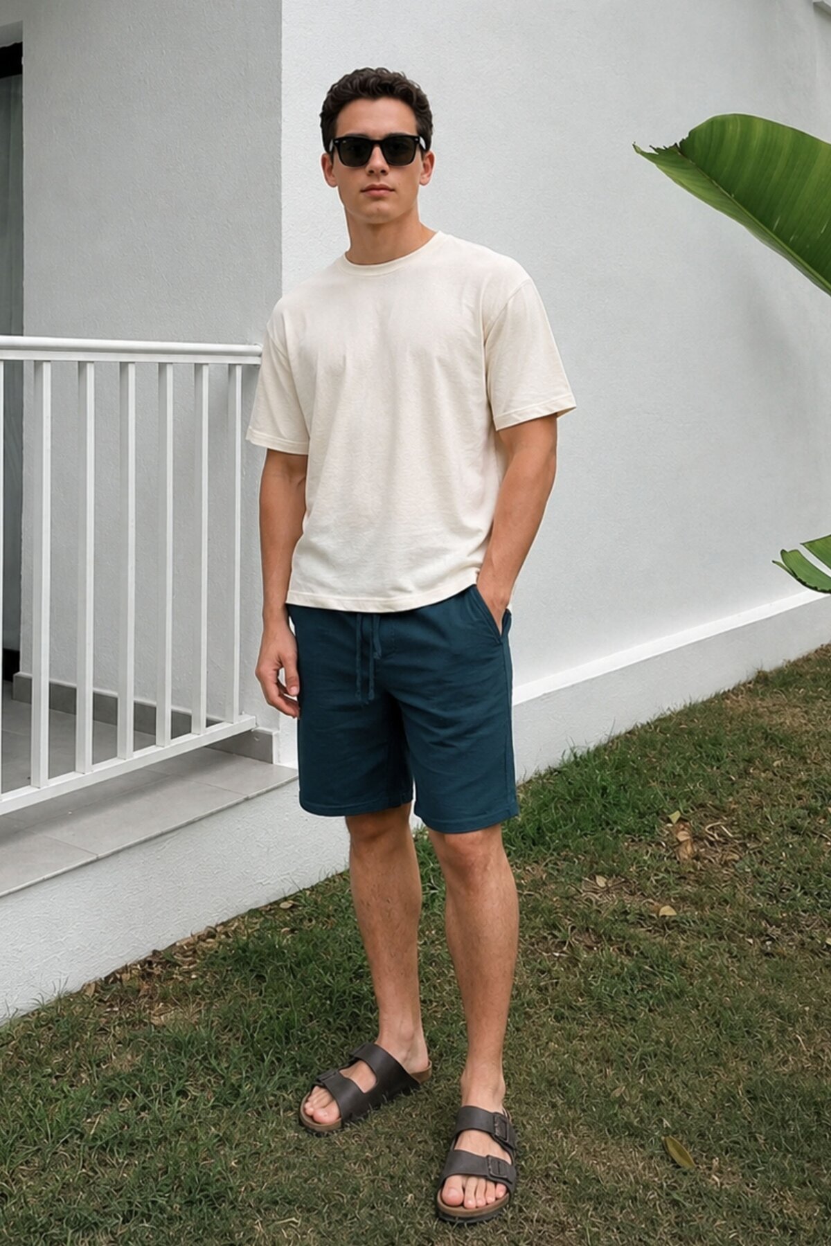 Navy Blue Basic Linen Men's Shorts 6506