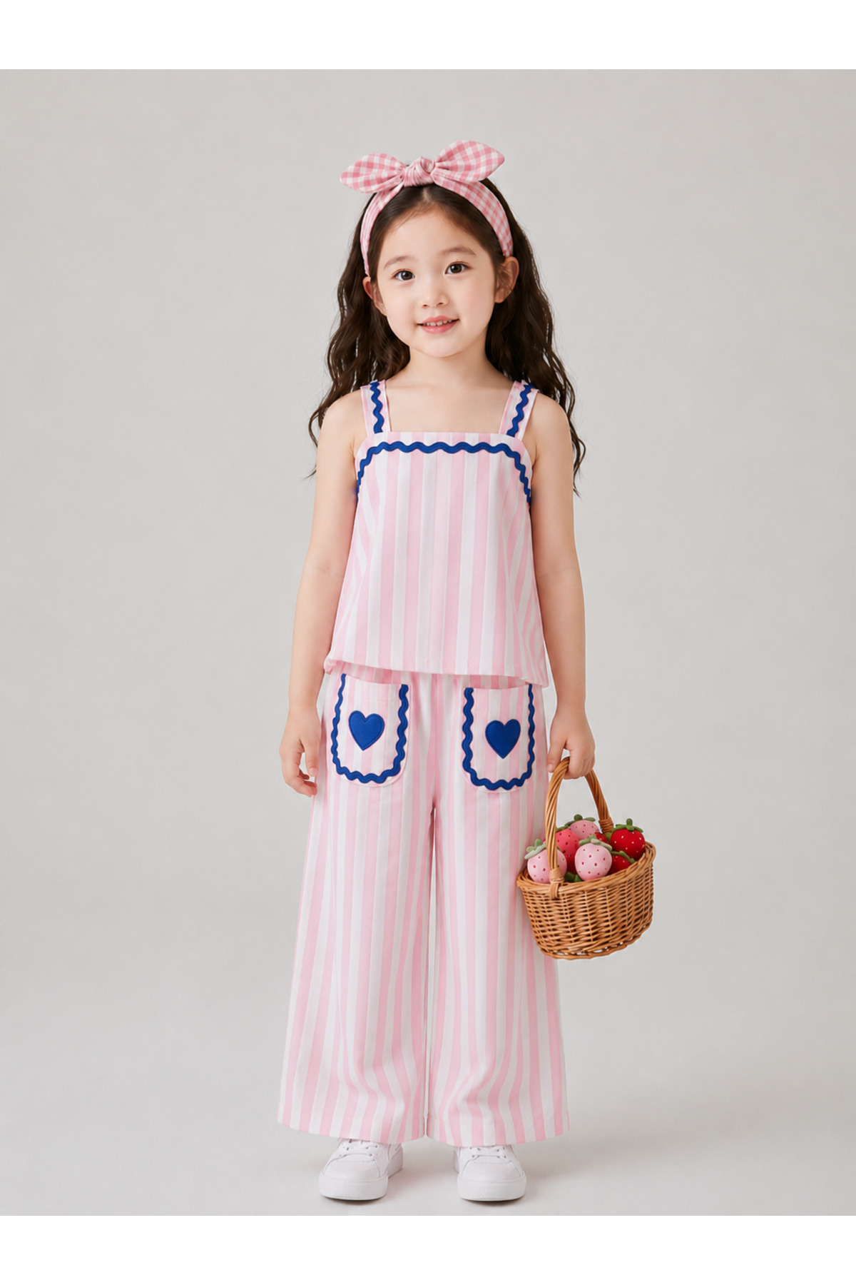 minimorakids Girl's Pink Striped Linen-Look 100% Cotton Set