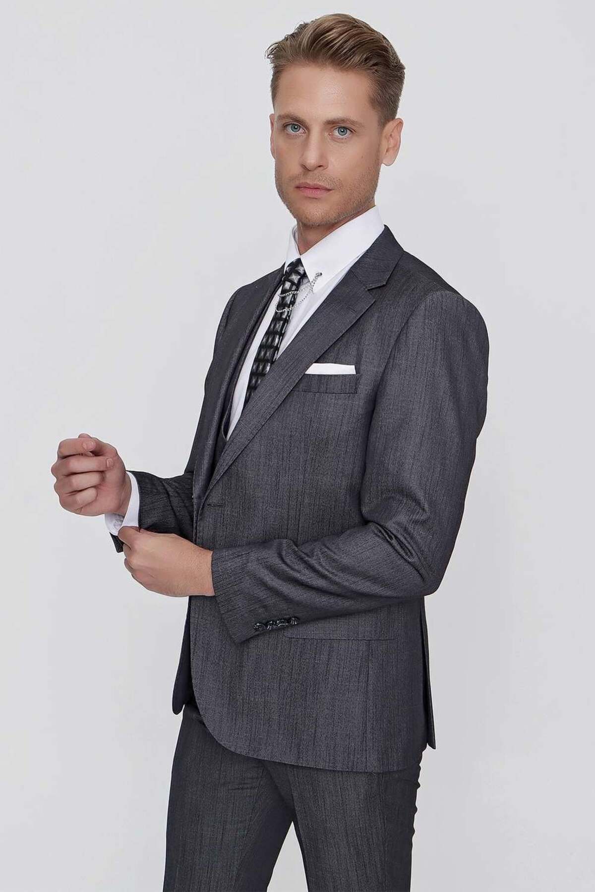 Efor Slim Fit Çift Yırtmaç Doku Desenli Antrasit Yelekli Takım Elbise TK 858 görsel 4