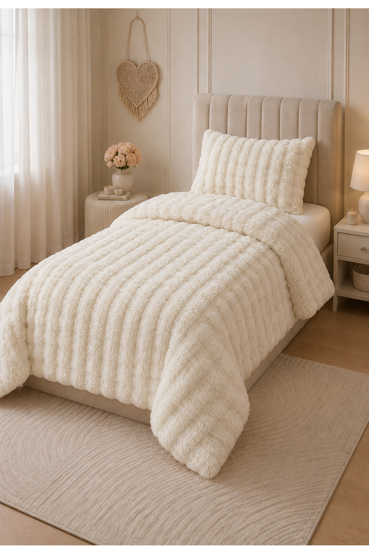 LALHOME Loria Tek Kişilik Peluş Yatak Örtüsü 160x220cm - Wellsoft Yumuşak Dokulu Krem