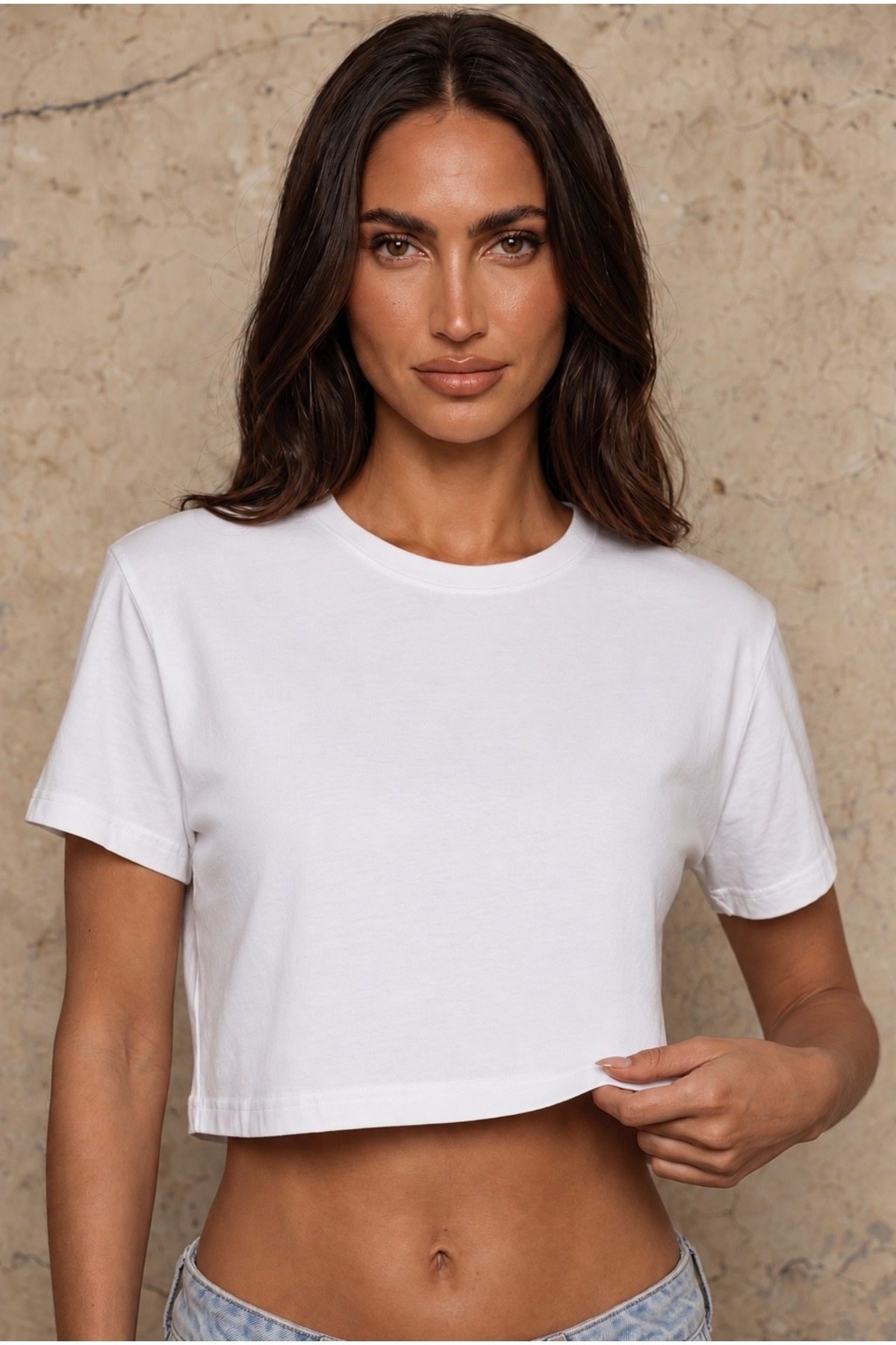 Kadın Yuvarlak Yaka Relaxed Fit Kısa Kol Basic Crop T-Shirt BEYAZ 3
