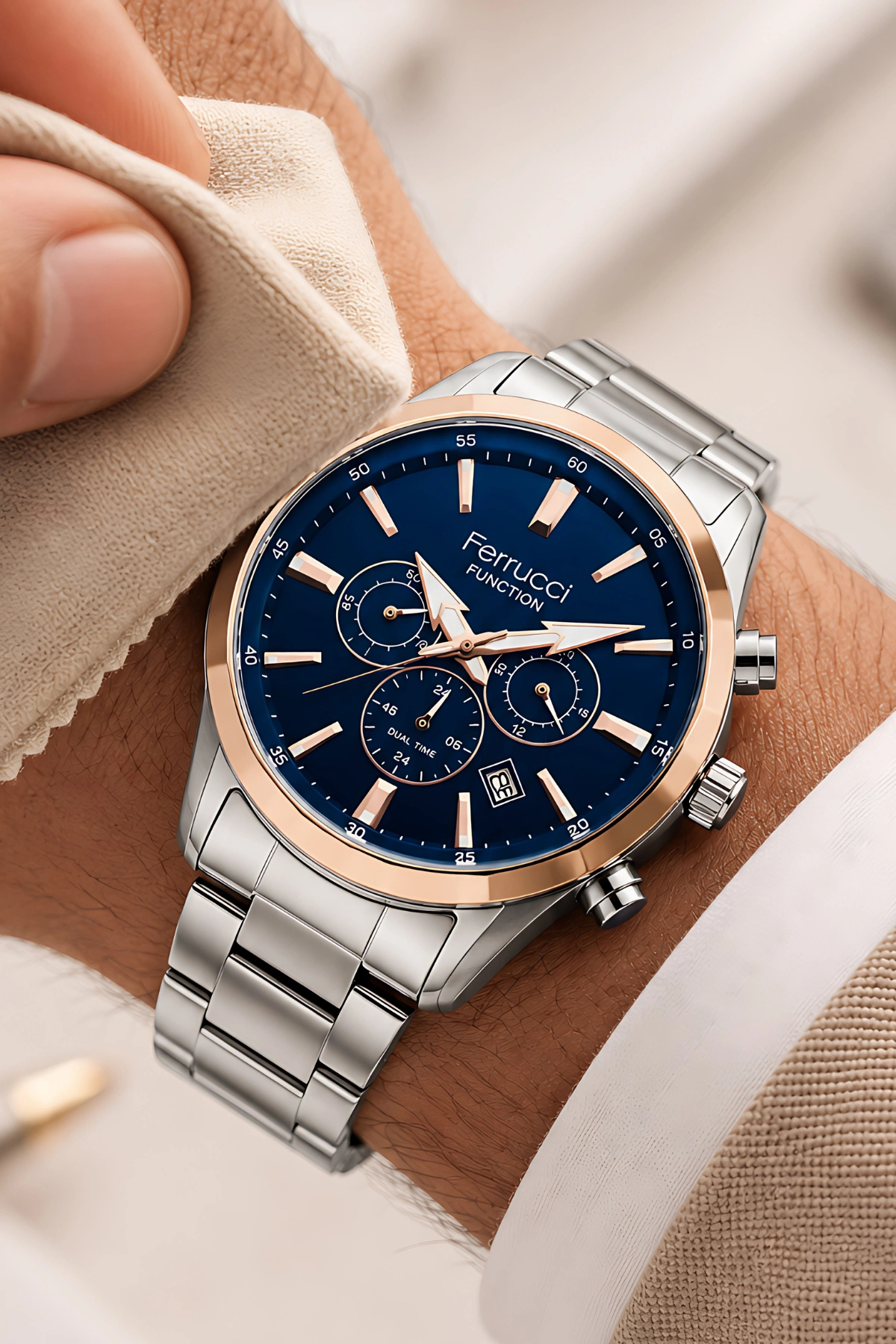 Ferrucci Function Gümüş Renk Çelik Kordon Rose Kasa Erkek Kol Saati 3 Atm Suya Dayanıklı ZMFER041 görsel 4