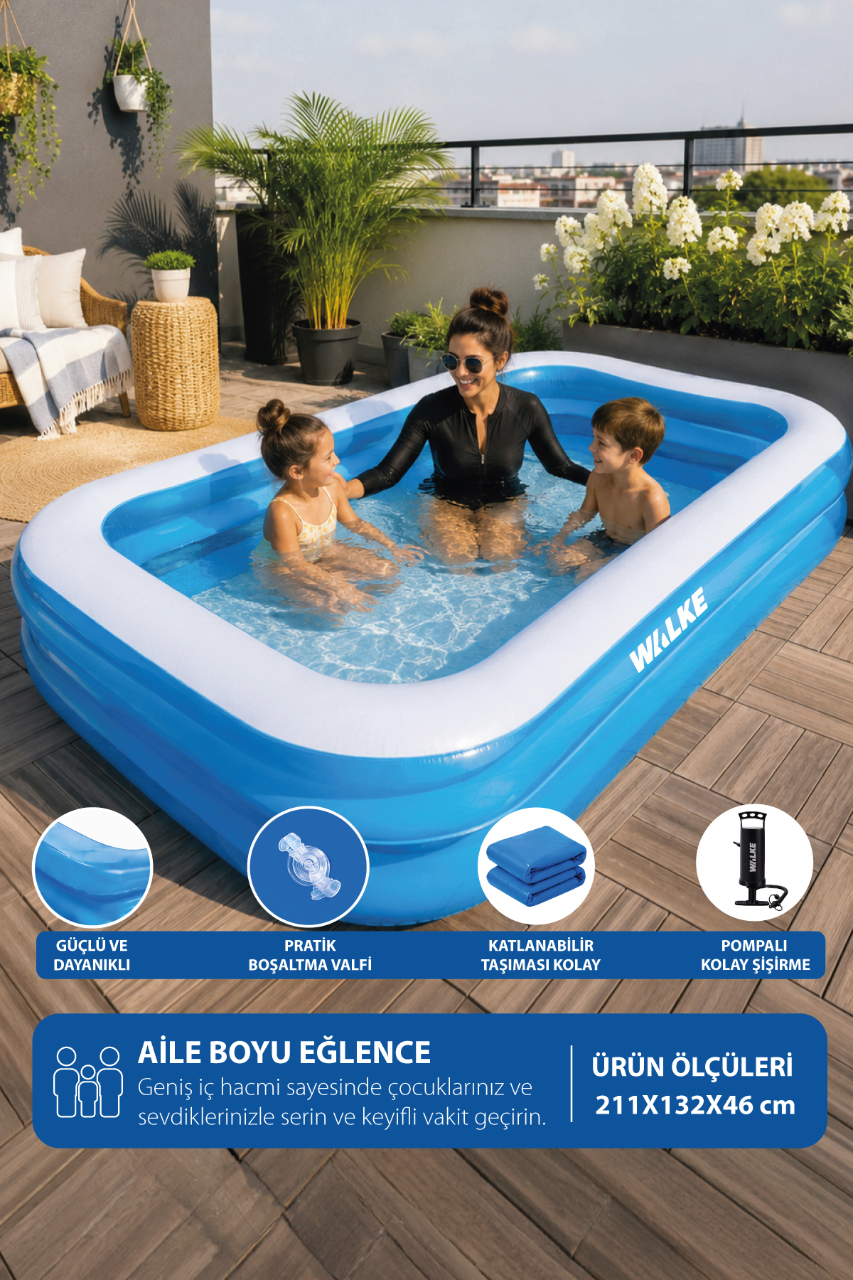 Family Inflatable Pool 211x132x46 cm Garden Pool with Pump - 14111