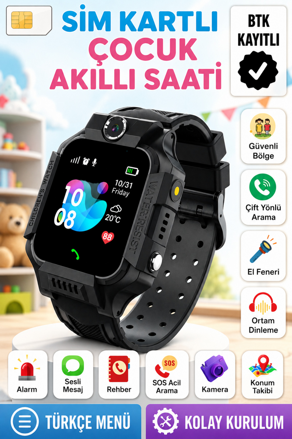 Smart Kids Watch Compatible Sim Card And Lbs Location Feature Recorded Voice Call Live Tracking