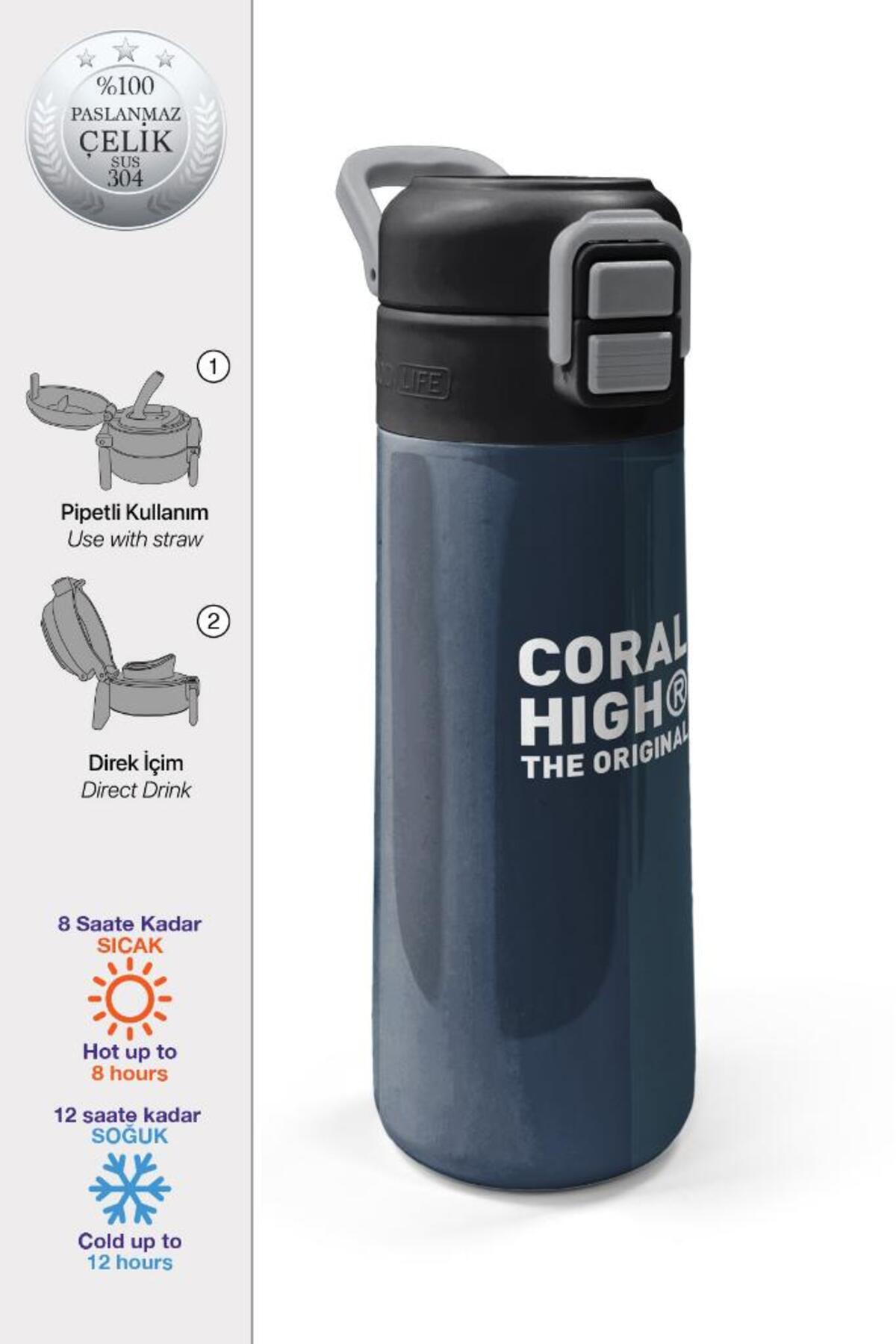 Kids Lacivert Turuncu Çizgili Pipetli ve Direkt İçim Çelik Termos 500 ml 31998