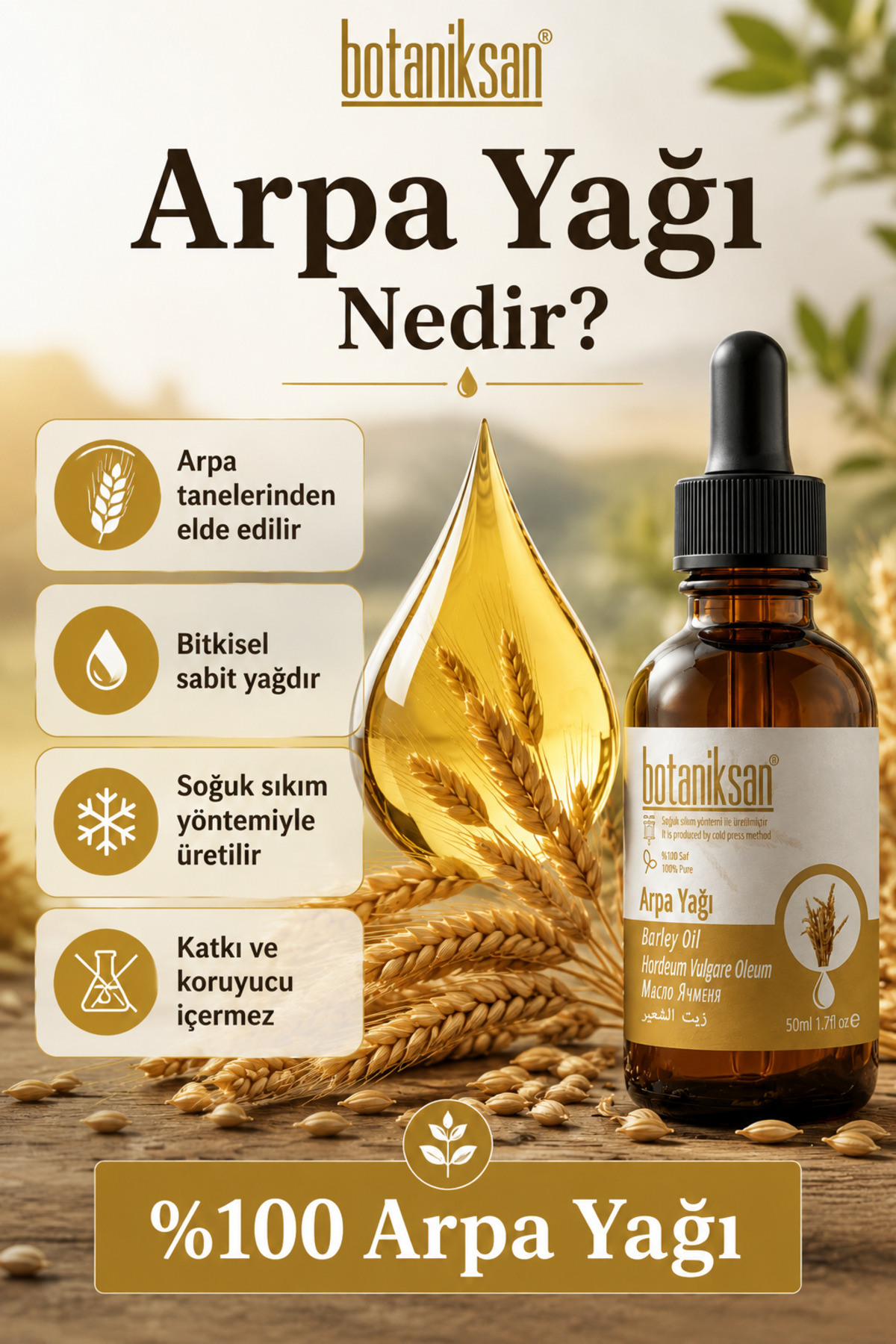 Arpa Yağı 50 ml Soğuk Sıkım %100 Saf Katkısız Barley Oil Cilt ve Saç Bakımı İçin — ARPA YAĞI 50ML — تصویر 2 از 8