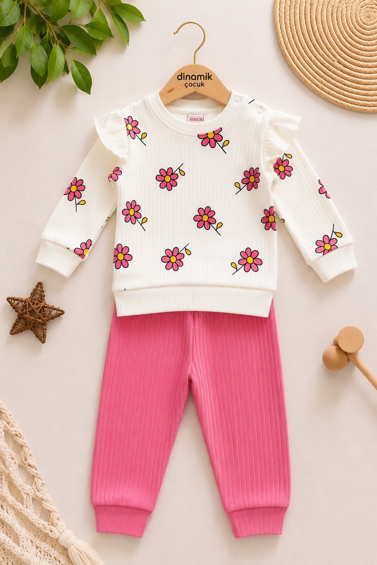 Daisy Reported Ribbed Sleeve Detailed Baby Girl Set Monthly Seasonal 2pcs Top and Bottom 3-6-9-12months