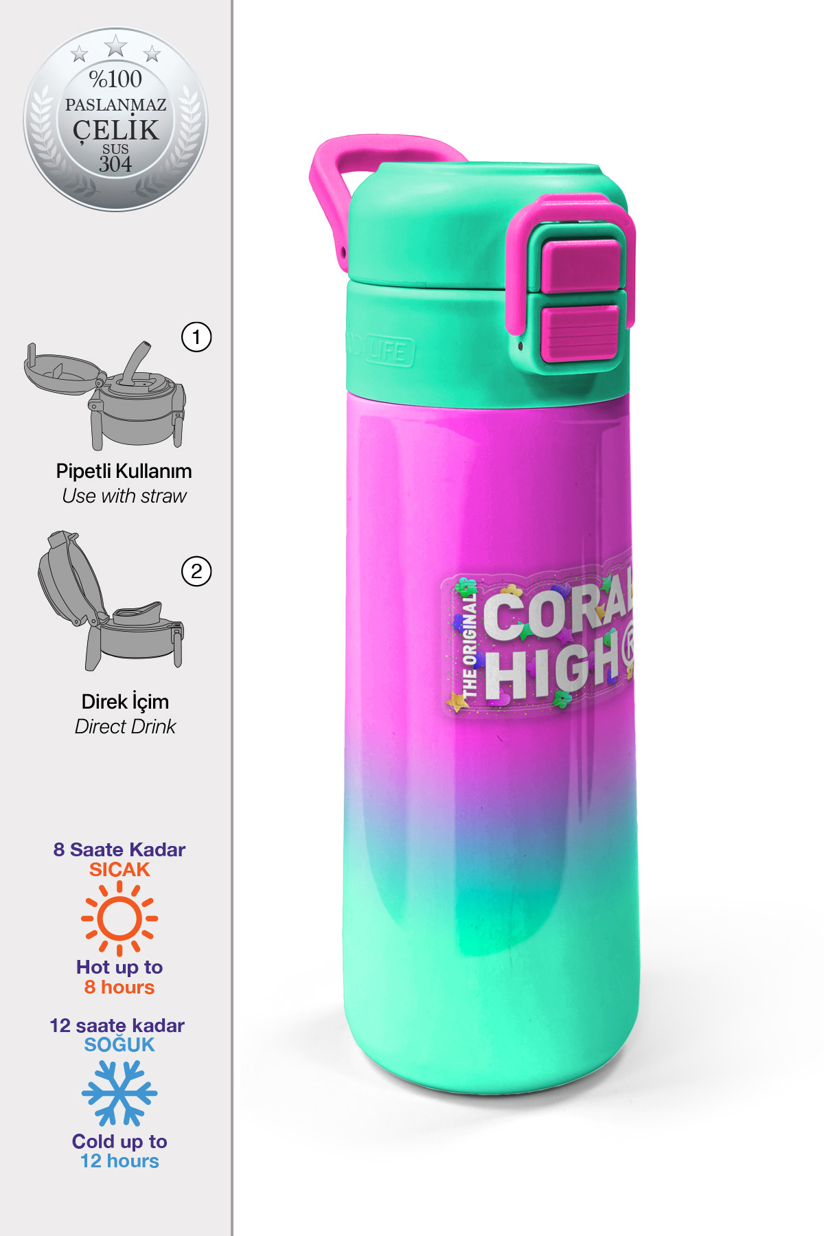 Kids Pembe Su Yeşili Renk Geçişli Pipetli ve Direkt İçim Çelik Termos 500 ml 31838