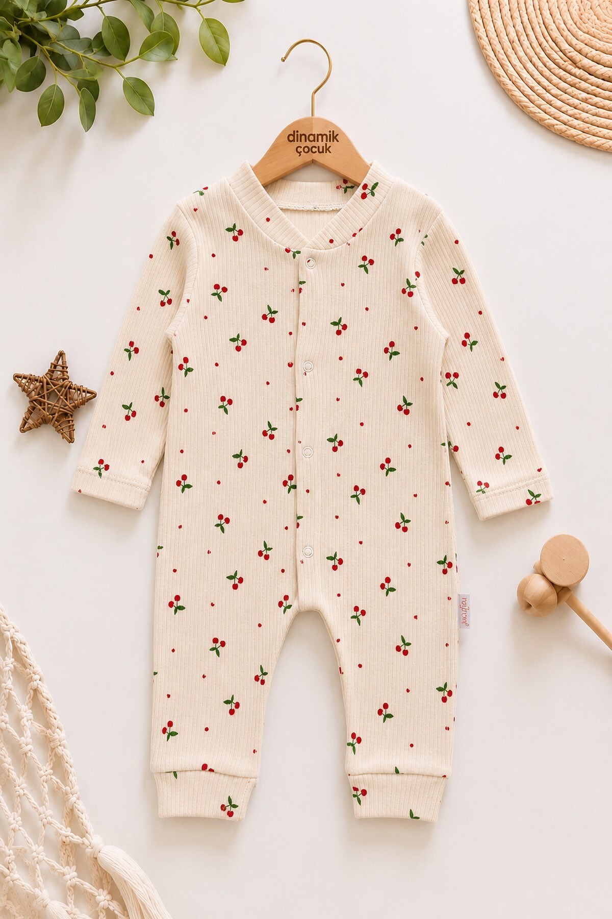 Baby Girl Cherry Printed Newborn Baby Jumpsuit with Snap Fastener 100% Cotton Flexible 1-3-6 Months