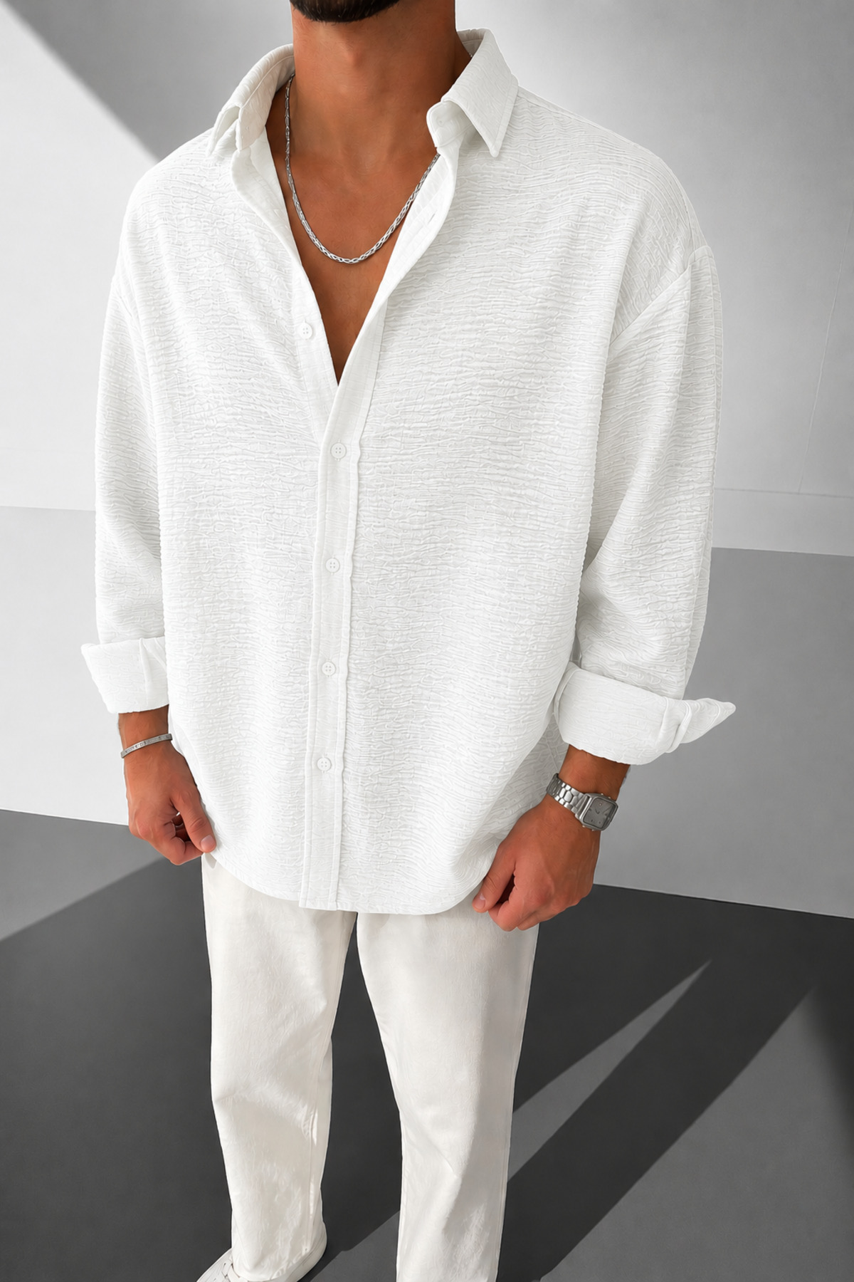 Ayrobin Textured Owersie Linen White Iron Free Men's Shirt