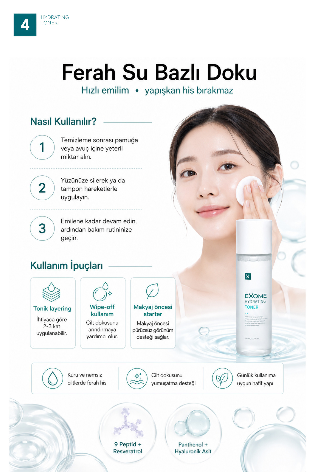 Nemlendirici Yüz Toniği | Panthenol & Hyaluronik Asit | Cilt Dengeleyici Bakım | Hydrating Toner | 150 ml — Exome005 — تصویر 5 از 6