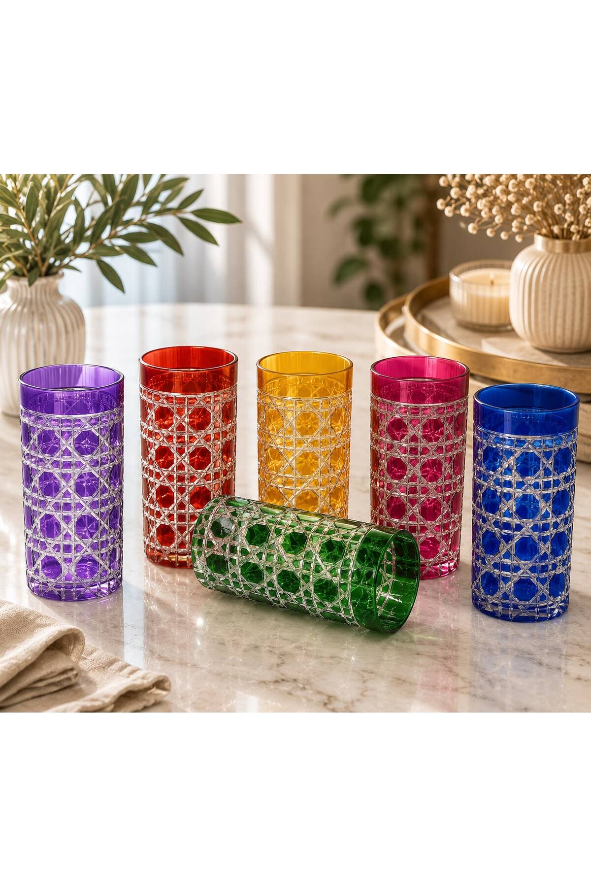 6-Piece Honeycomb Pattern Coffee-Side Soft Drink Glass 250cc Colorful