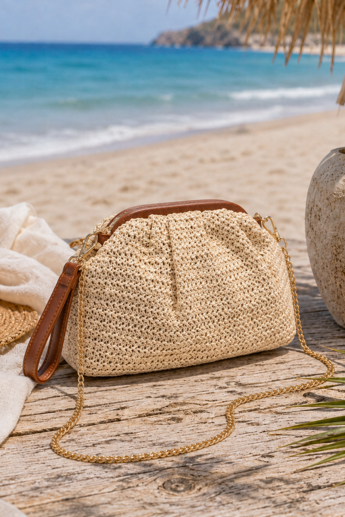 Adelina Bags Kadın Burslu Hasır Çanta Portföy Clutch Omuz Çantası El ve Omuz Askılı Hasır Çanta