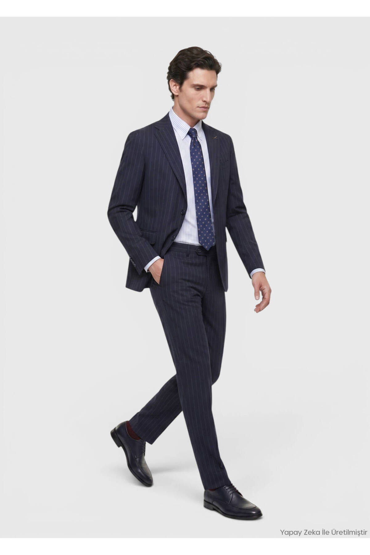 Ramsey Lacivert Çizgili Zeroweight Slim Fit %100 Yün Takım Elbise görsel 3