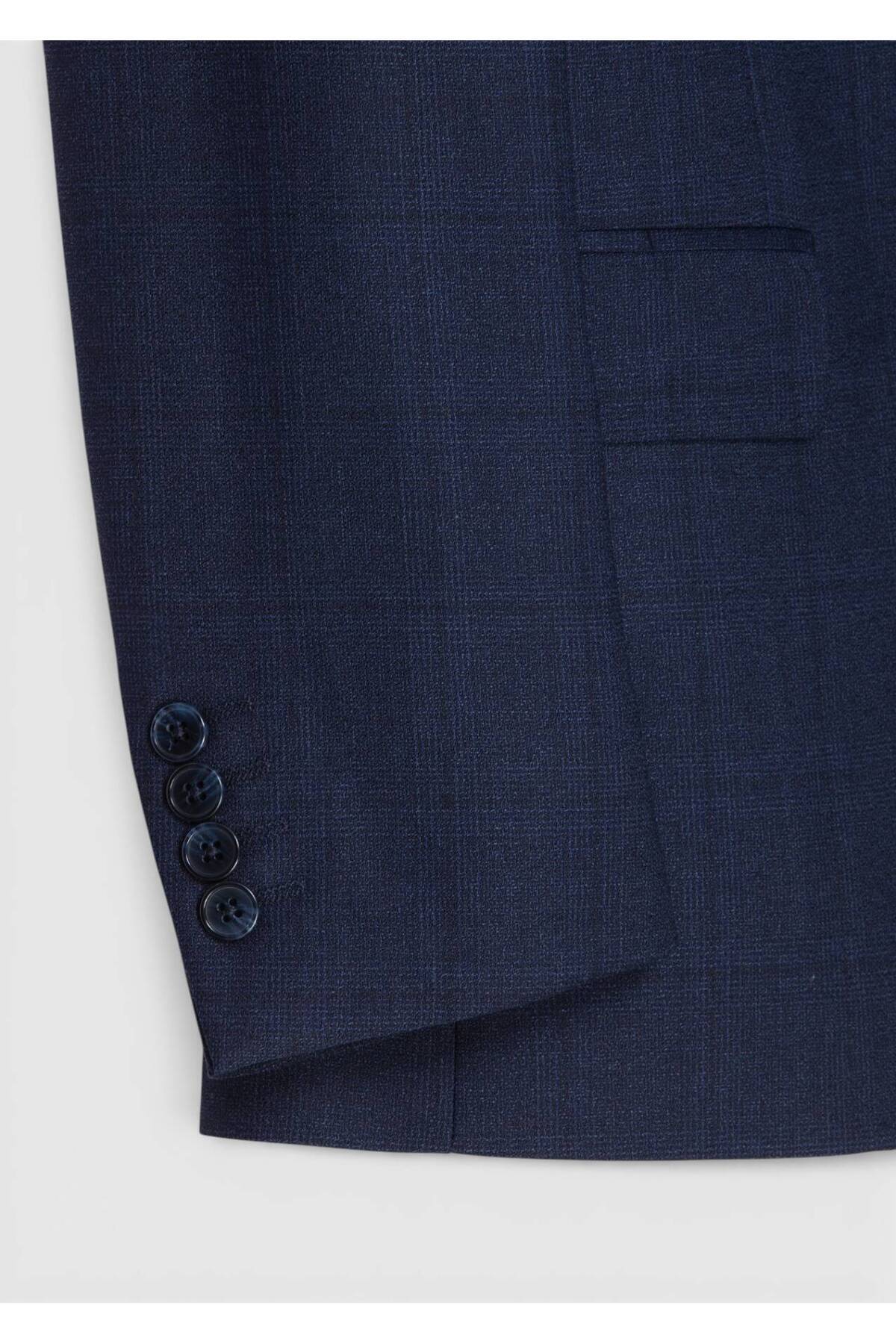 Ramsey Lacivert Kareli Zeroweight Slim Fit %100 Yün Takım Elbise görsel 7