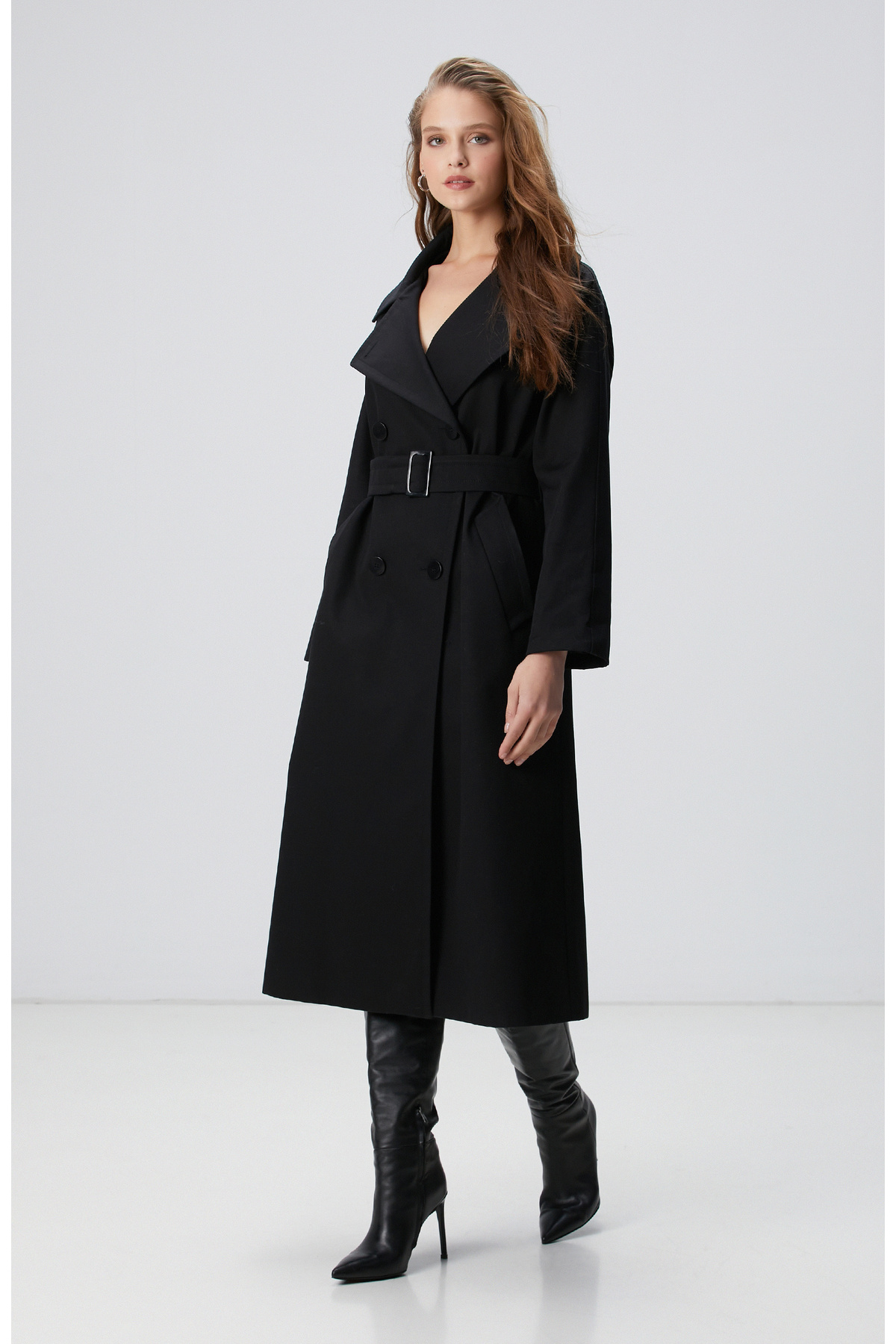 Network Siyah Kruvaze Trench Coat görsel 5