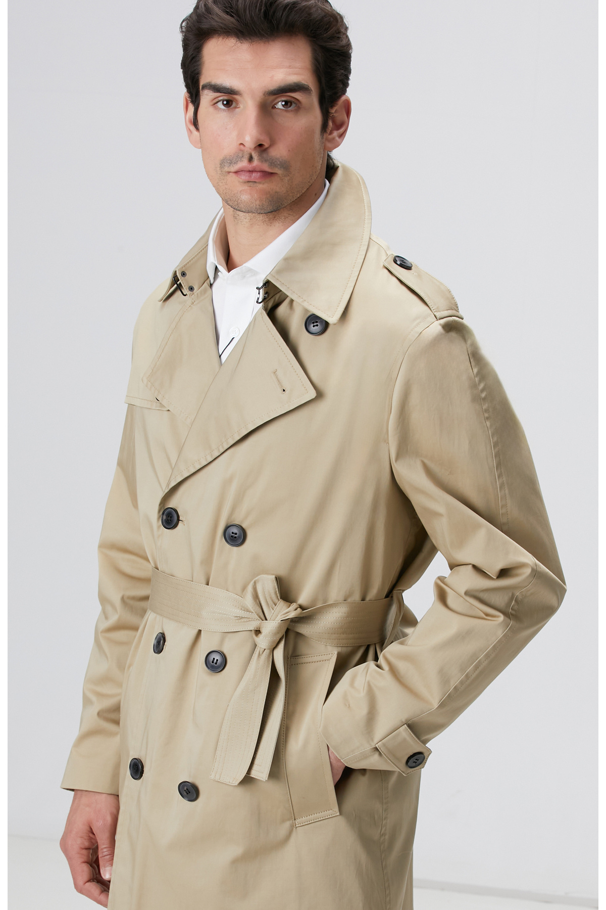 Network Camel Apoletli Kruvaze Trenchcoat görsel 2