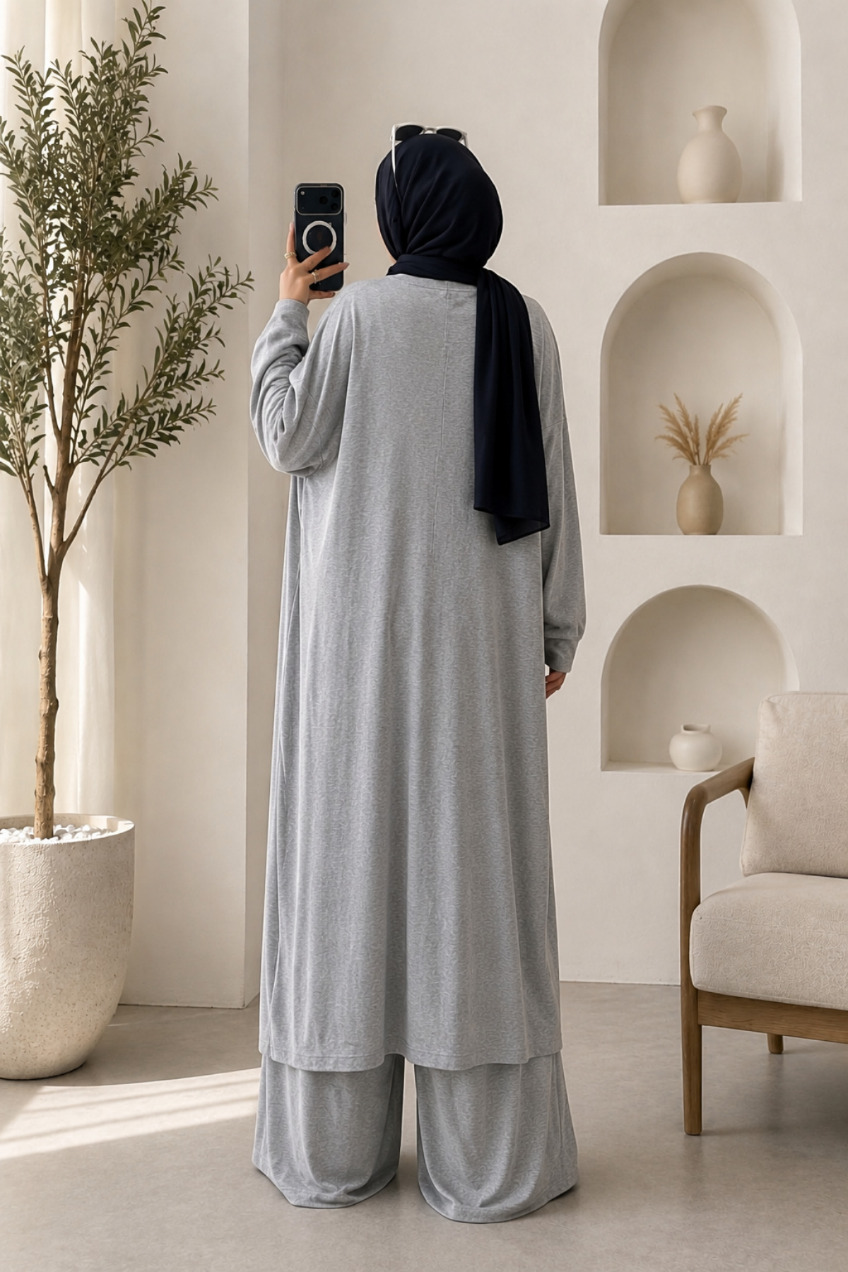 Balenbi Kadın Penye Uzun Hırka Bluz Geniş Paça Pantolon Abaya Takım Grimelanj 1217 görsel 3
