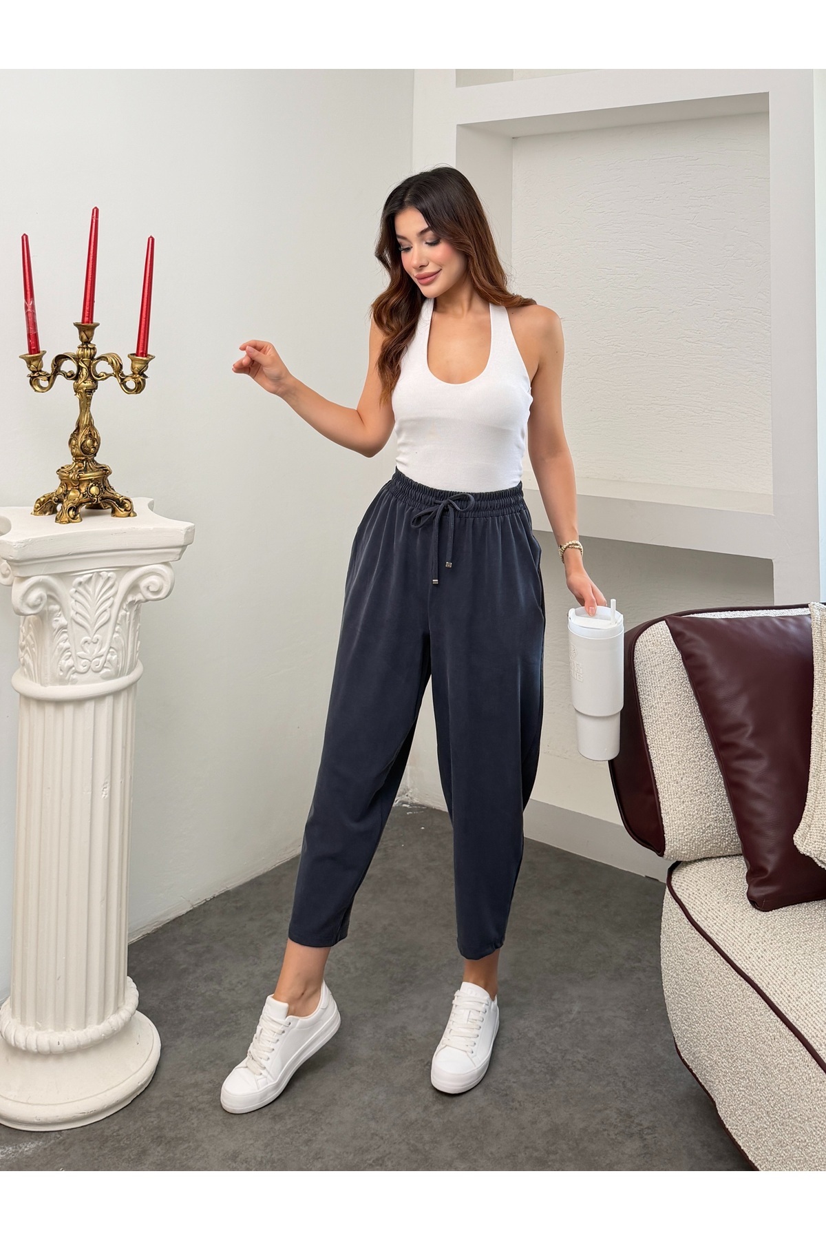 OZD Active Kadın Cepli Beli Lastikli Bağlamalı Modal Kumaş Şalvar Kesim Pantolon görsel 2
